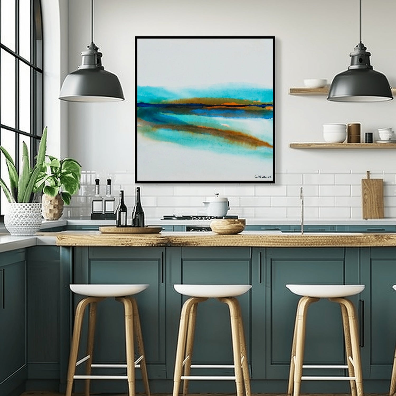 Abstract print from Charlotte George's Shallow Waters series, featuring fluid blue tones and textured layers reminiscent of calm waters
