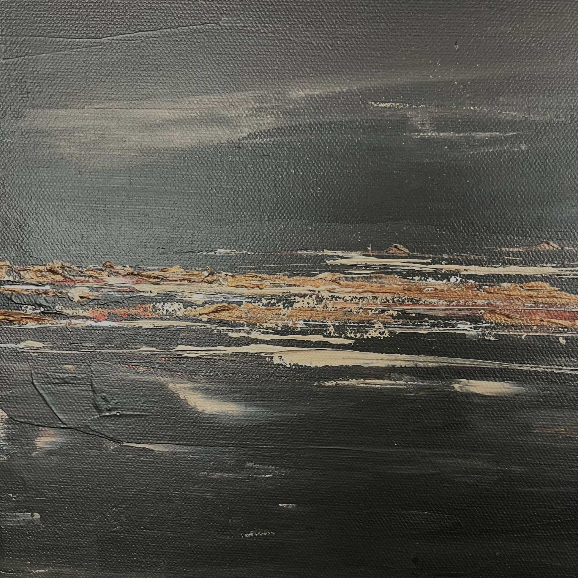 Bold abstract artwork with layered brown and taupe tones, evoking stone and earth in a modern, fluid composition