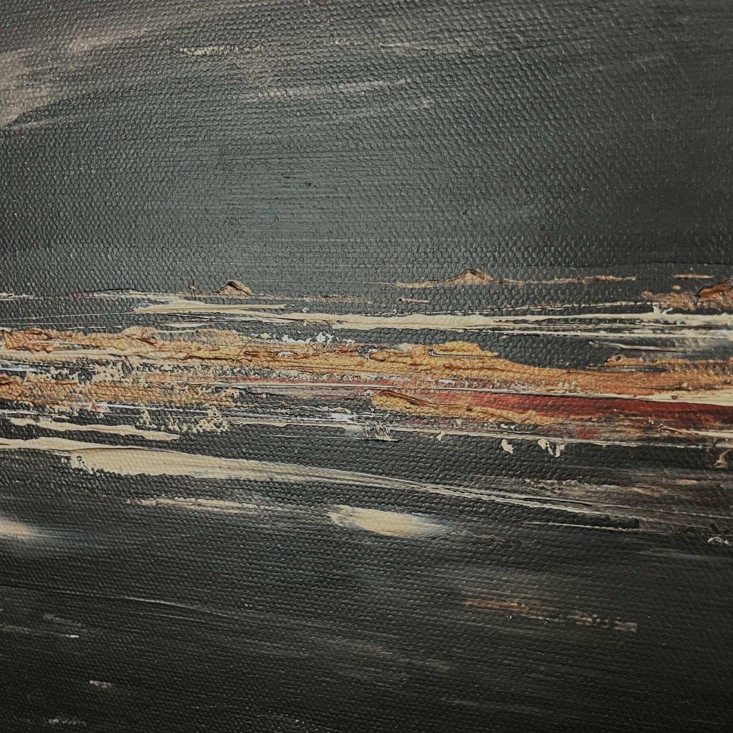 Bold abstract artwork with layered brown and taupe tones, evoking stone and earth in a modern, fluid composition