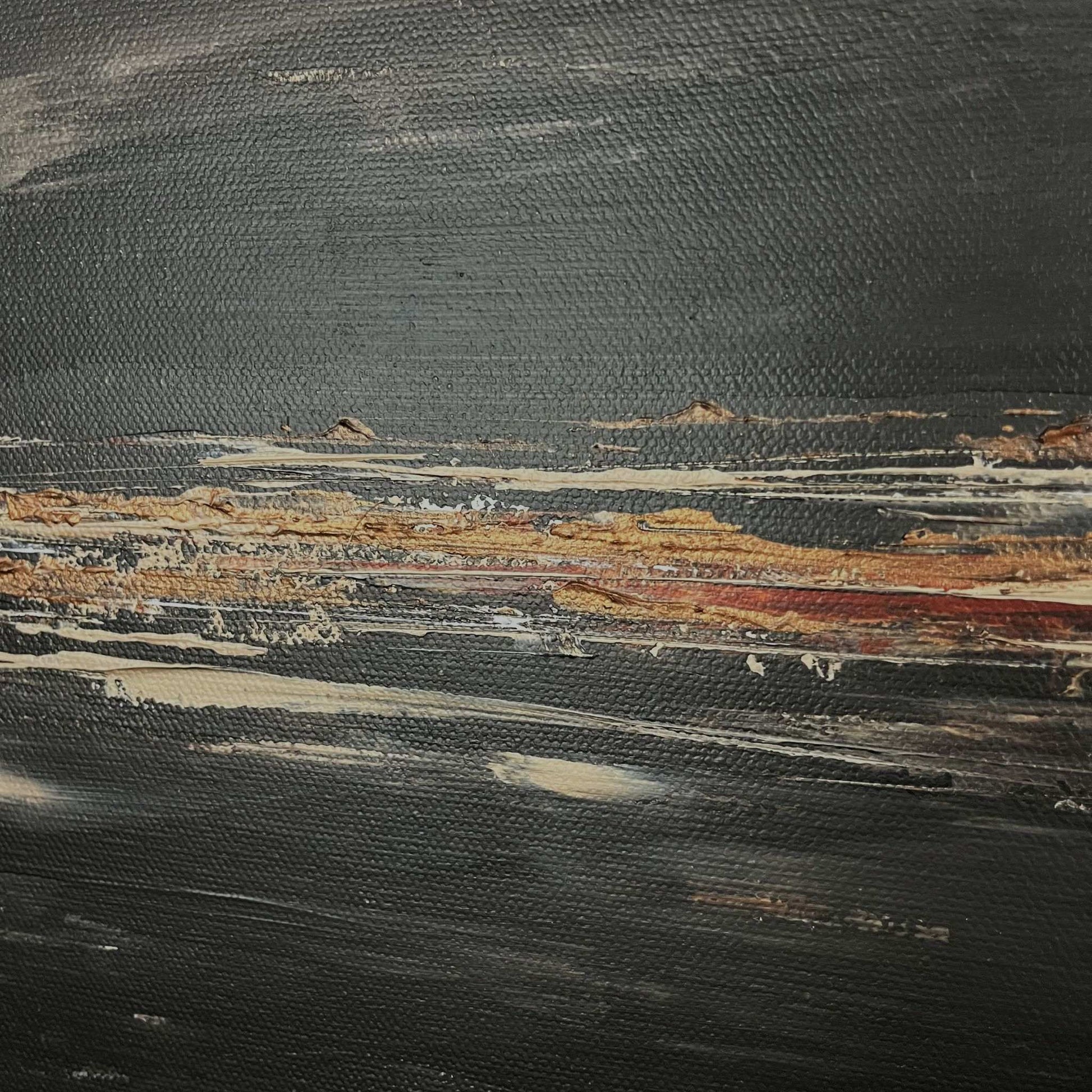 Bold abstract artwork with layered brown and taupe tones, evoking stone and earth in a modern, fluid composition