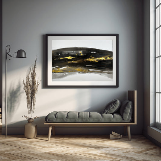 Abstract painting in black, gray, and gold tones by Charlotte George, Earth’s Whisper III, evoking molten movement and the deep pulse of the earth