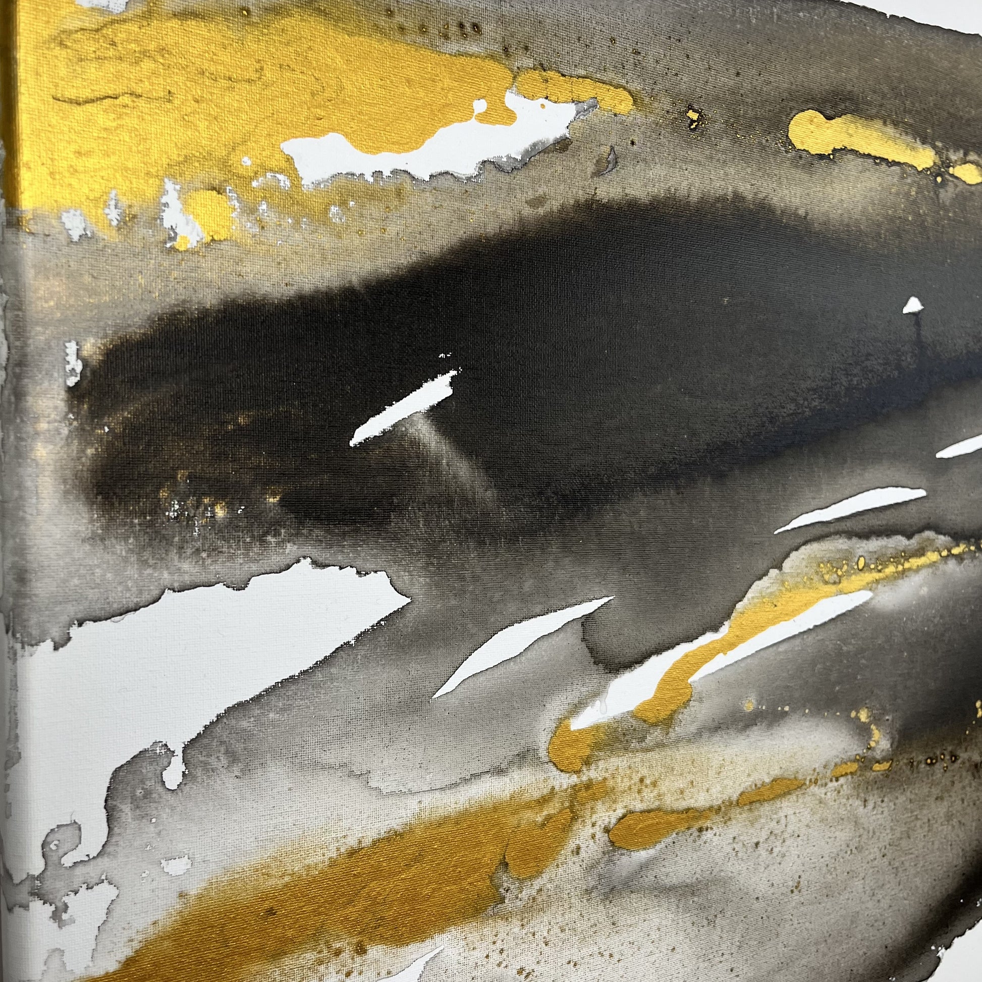 Abstract painting in black, white, and gold tones inspired by the movement and hidden elements of the earth, Earth’s Whisper II by Charlotte George.