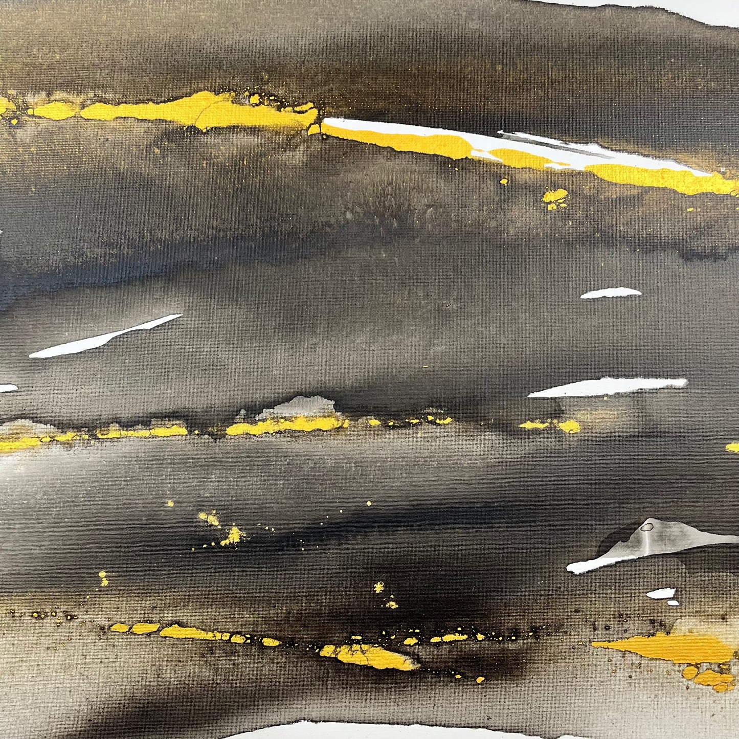 Abstract painting in black, white, and gold tones inspired by the movement and hidden elements of the earth, Earth’s Whisper II by Charlotte George.