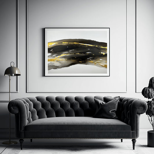 Abstract painting in black, white, and gold tones inspired by the movement and hidden elements of the earth, Earth’s Whisper II by Charlotte George.