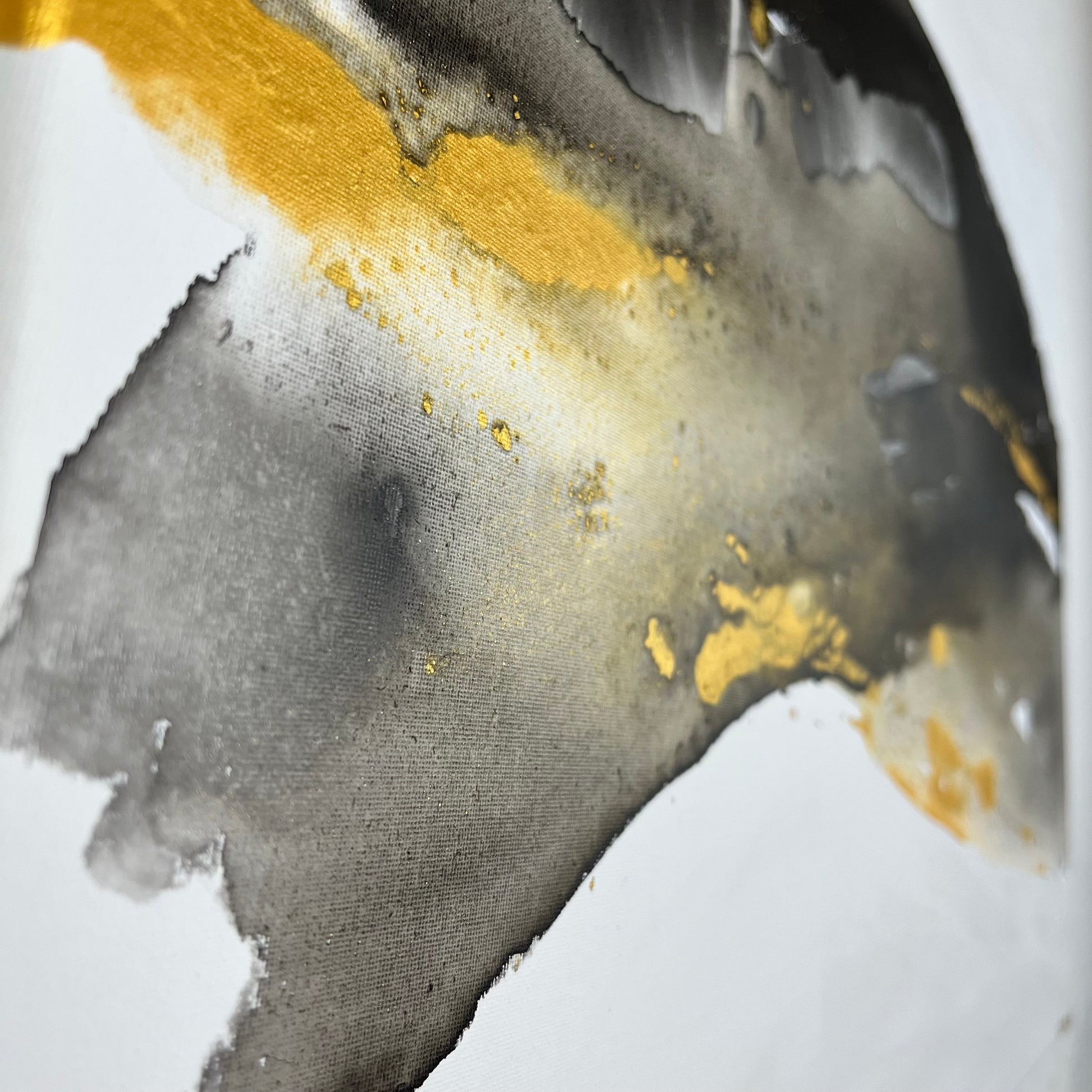 Abstract painting in black, gray, and gold tones by Charlotte George, Earth’s Whisper IV, expressing the molten energy and stillness of the earth.