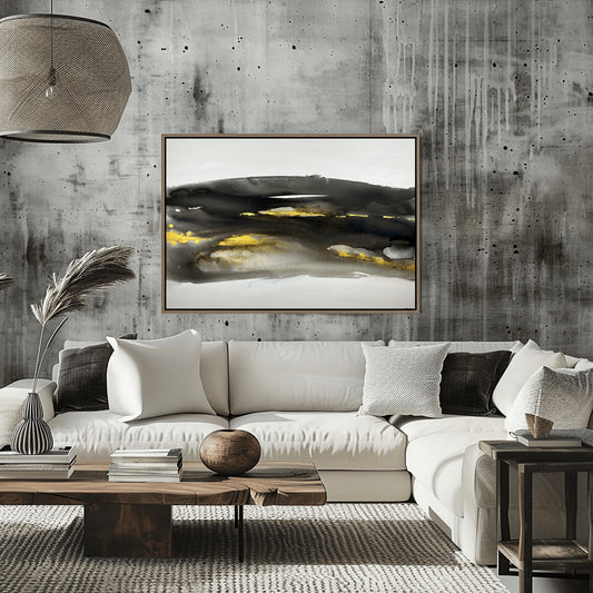 Abstract black, white, and gold painting depicting the earth’s movement and buried elements, Earth’s Whisper I by Charlotte George.