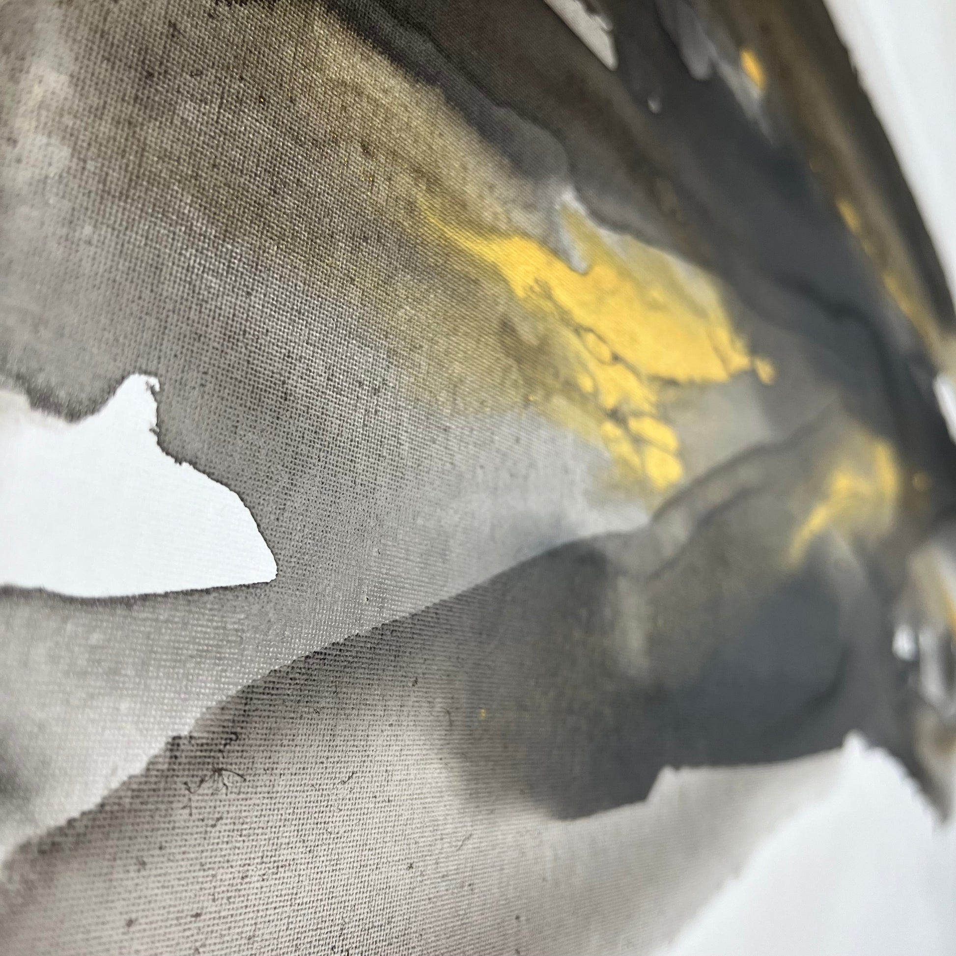 Abstract painting in black, gray, and gold by Charlotte George, Earth’s Whisper VI, evoking balance, renewal, and the subtle energy of the earth’s final whisper