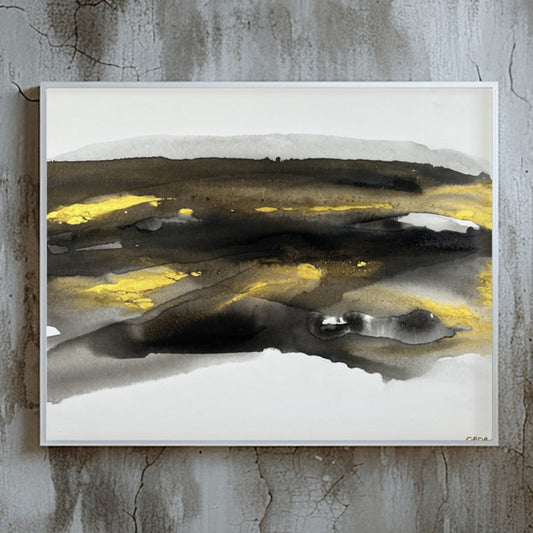 Abstract painting in black, gray, and gold by Charlotte George, Earth’s Whisper VI, evoking balance, renewal, and the subtle energy of the earth’s final whisper