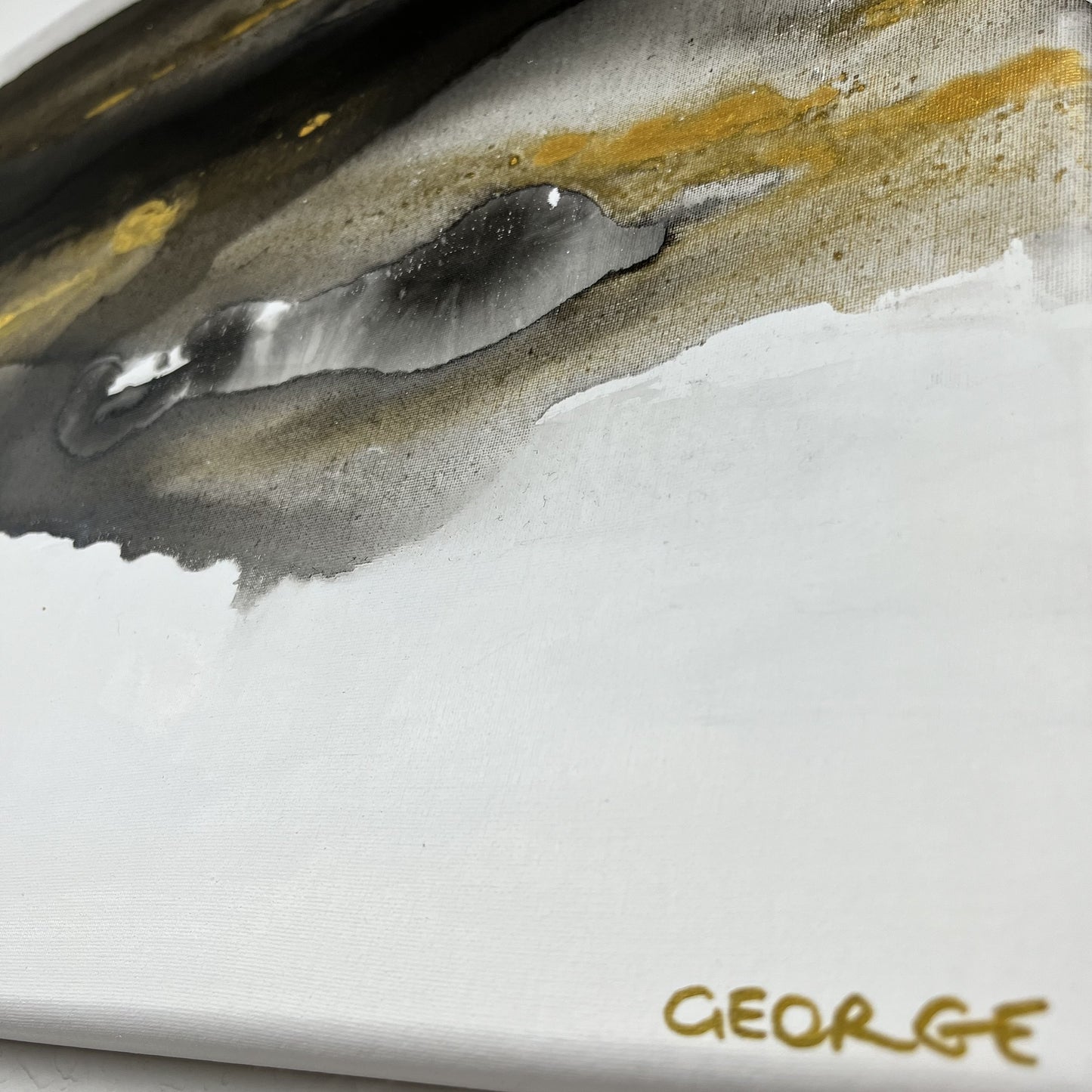 Abstract painting in black, gray, and gold by Charlotte George, Earth’s Whisper VI, evoking balance, renewal, and the subtle energy of the earth’s final whisper