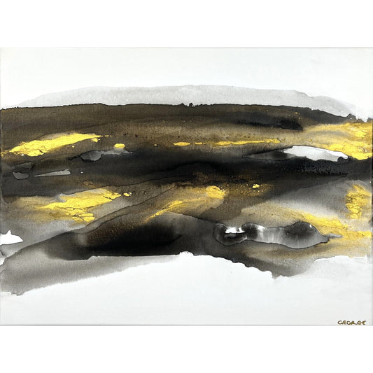 Abstract painting in black, gray, and gold by Charlotte George, Earth’s Whisper VI, evoking balance, renewal, and the subtle energy of the earth’s final whisper