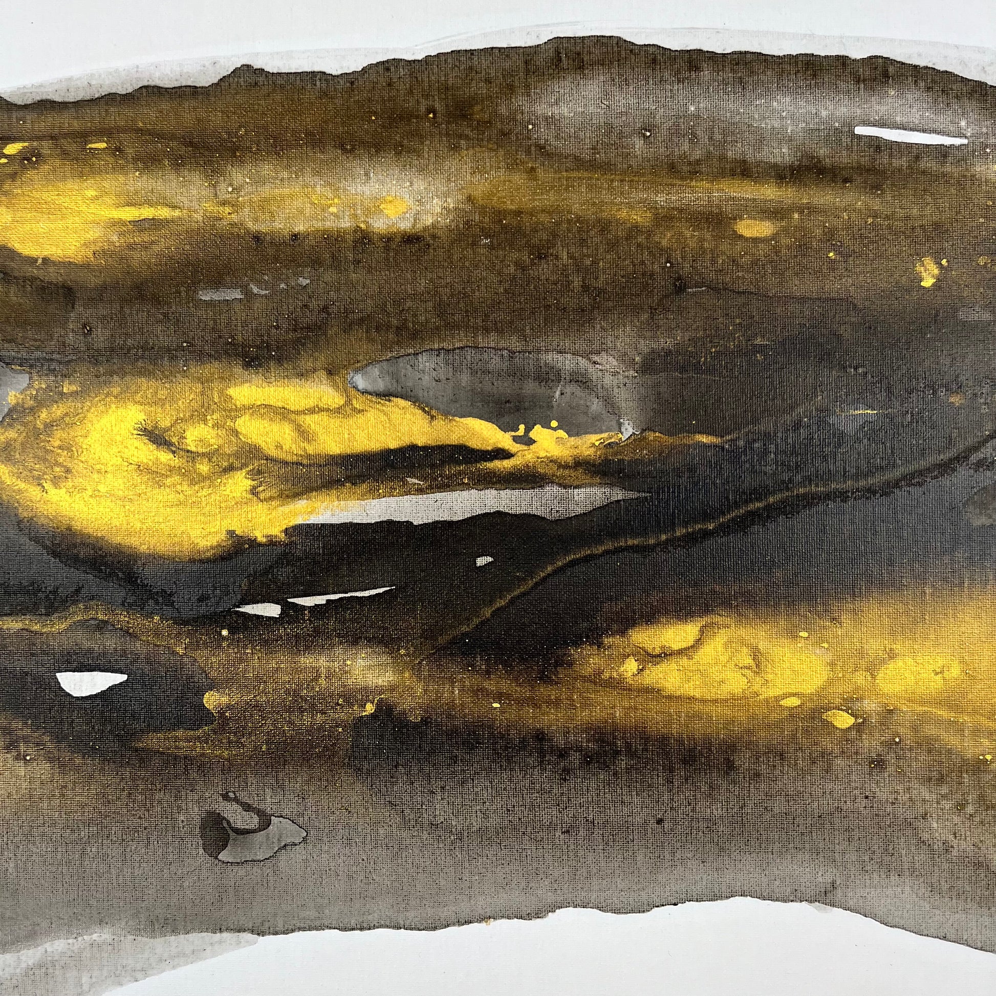 Abstract painting in black, gray, and gold tones by Charlotte George, Earth’s Whisper V, evoking the shifting movement and subtle radiance of the natural world