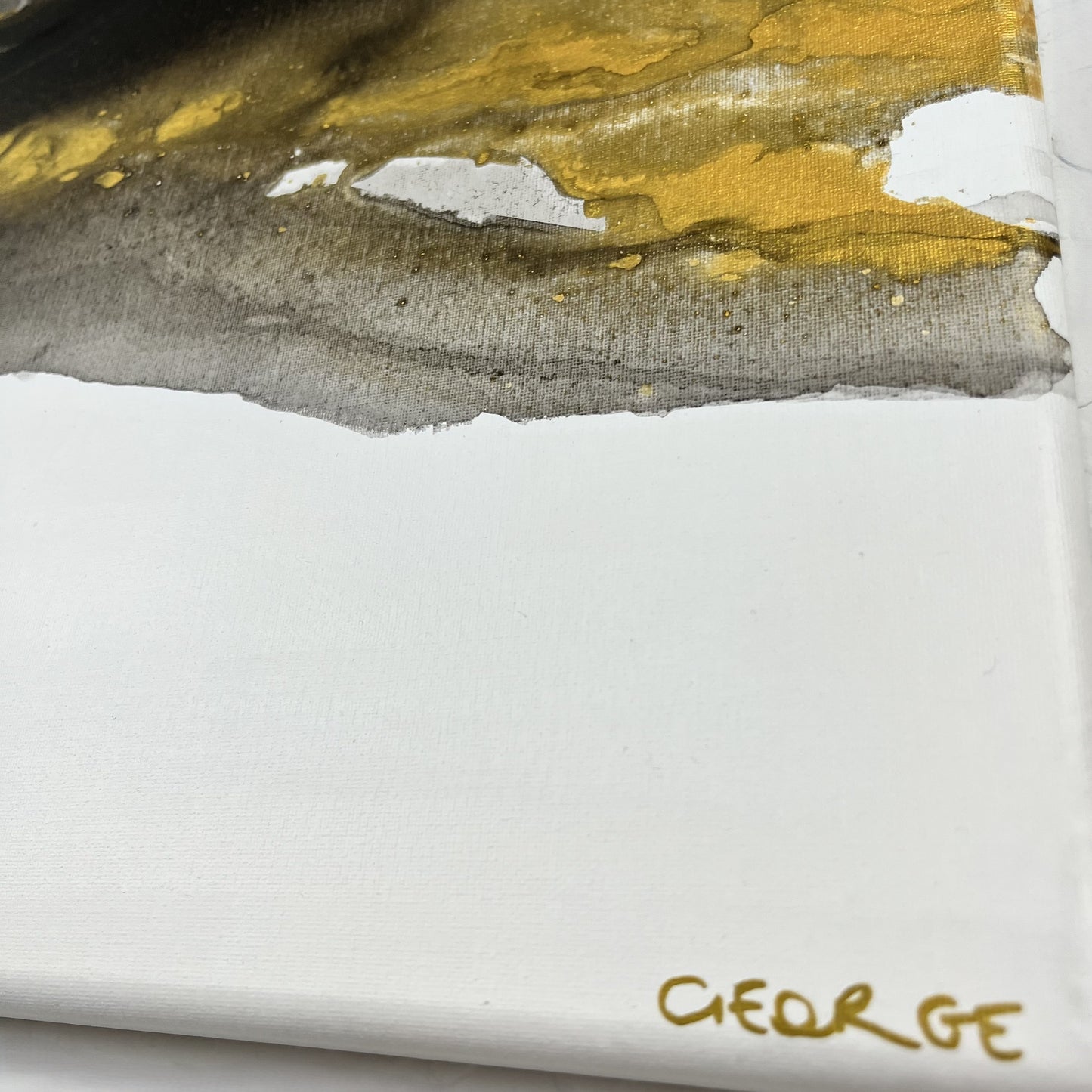 Abstract painting in black, gray, and gold tones by Charlotte George, Earth’s Whisper V, evoking the shifting movement and subtle radiance of the natural world