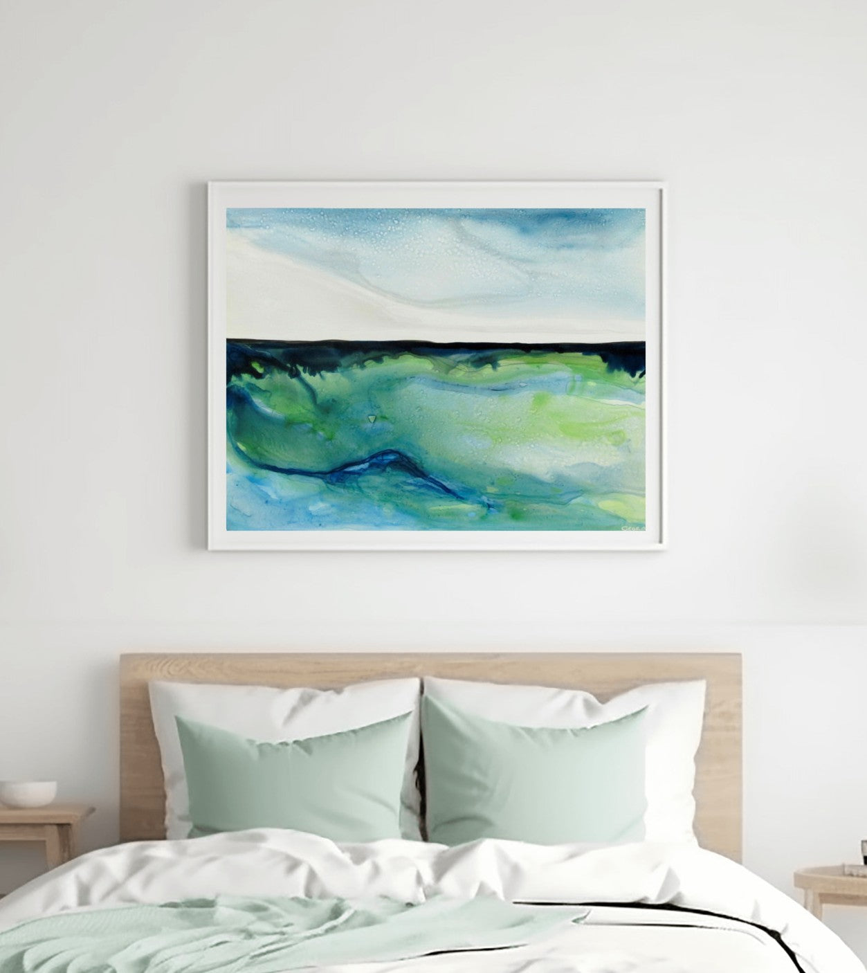 Abstract coastal art with swirling aqua and deep blue tones, capturing the movement and shimmer of underwater landscapes