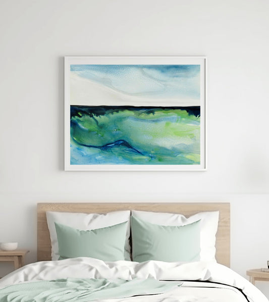 Abstract coastal art with swirling aqua and deep blue tones, capturing the movement and shimmer of underwater landscapes