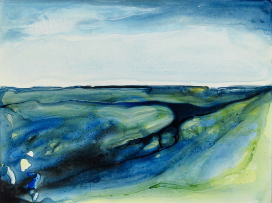 Ink on board artwork with rich marine colors and textural flow, inspired by the natural patterns of pāua shell pools.