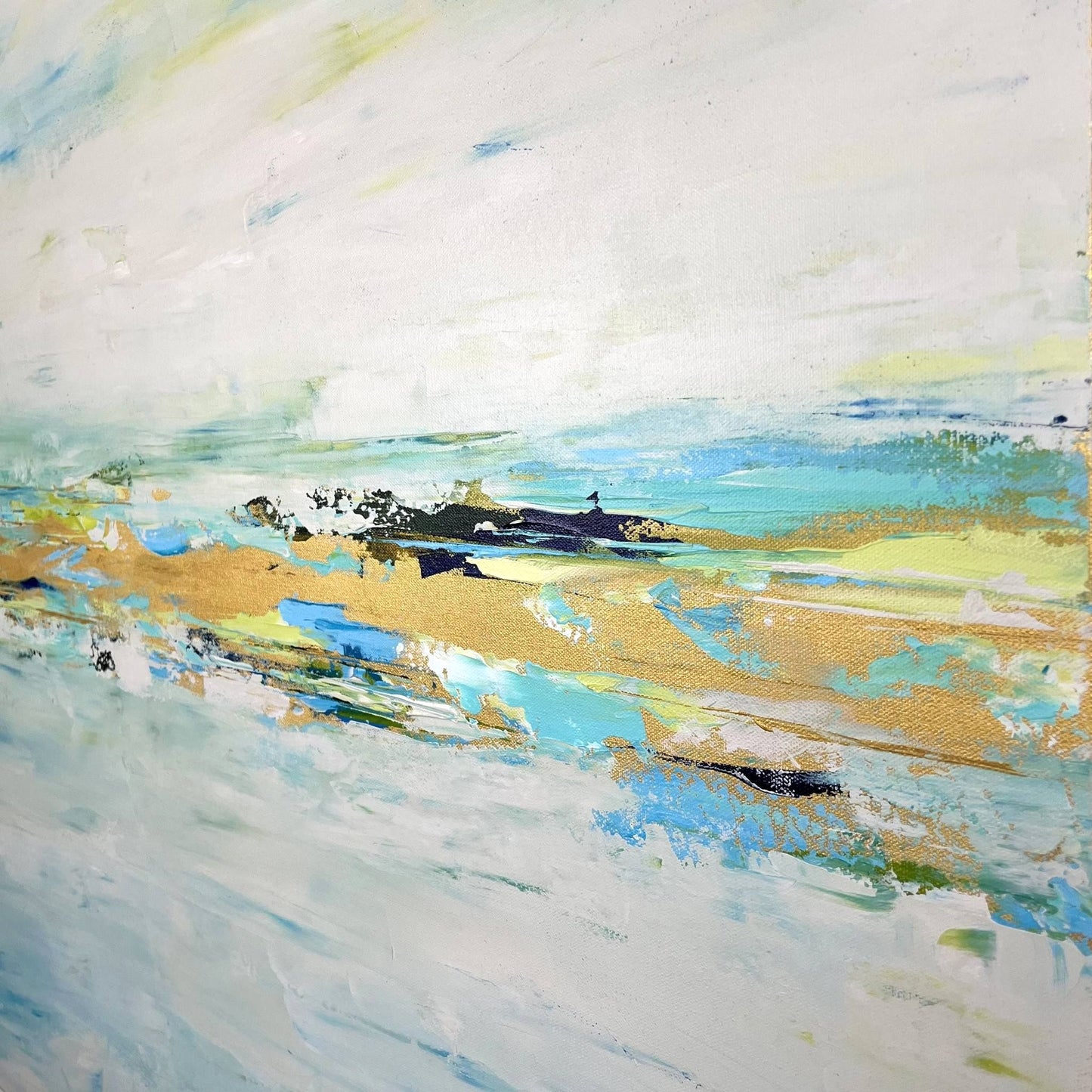 Organic abstract artwork featuring fluid brushwork and earthy textures, capturing the return of water through natural terrain