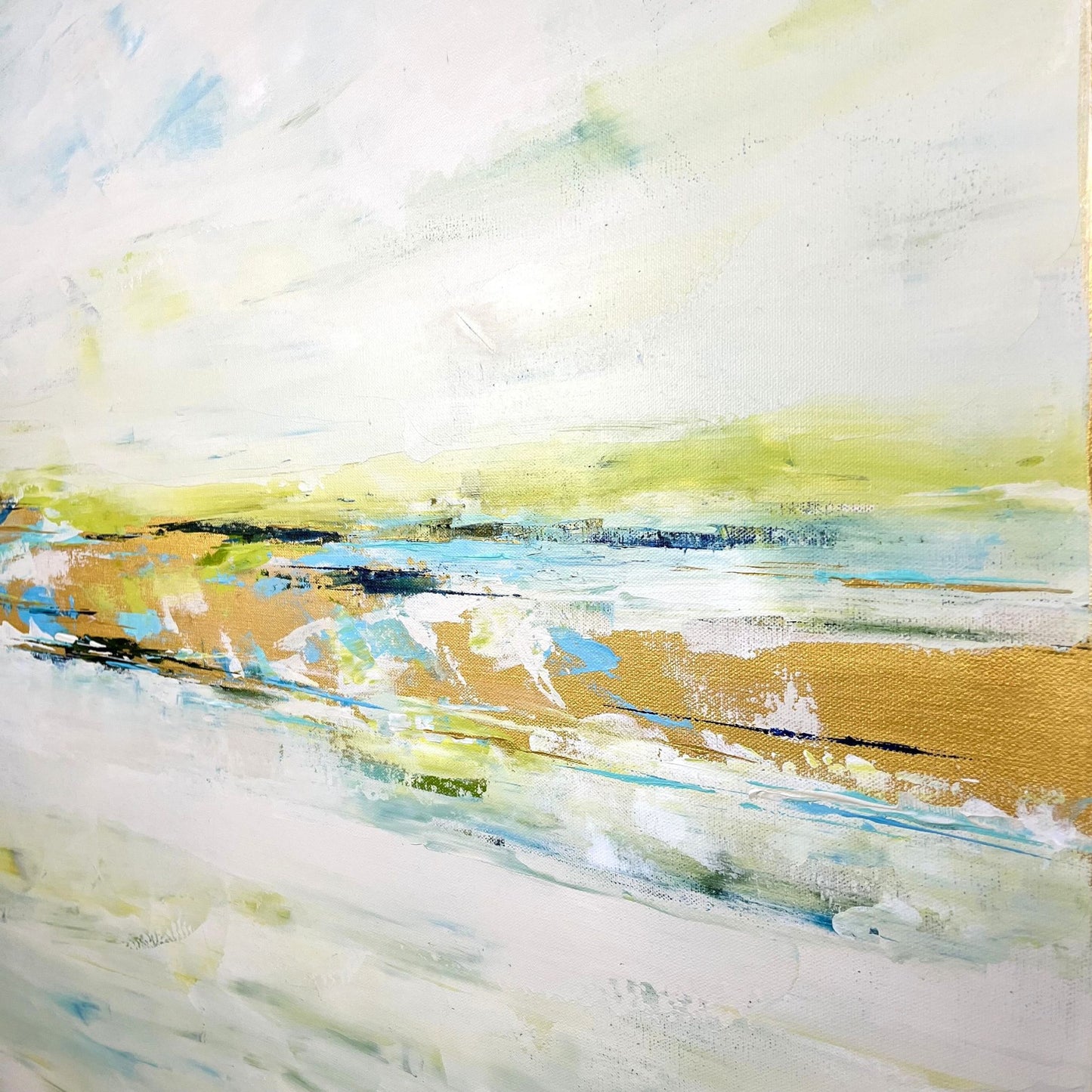 Layered abstract with blue, green tones and wave-like motion, reflecting the interplay of rivers in Charlotte George’s style 