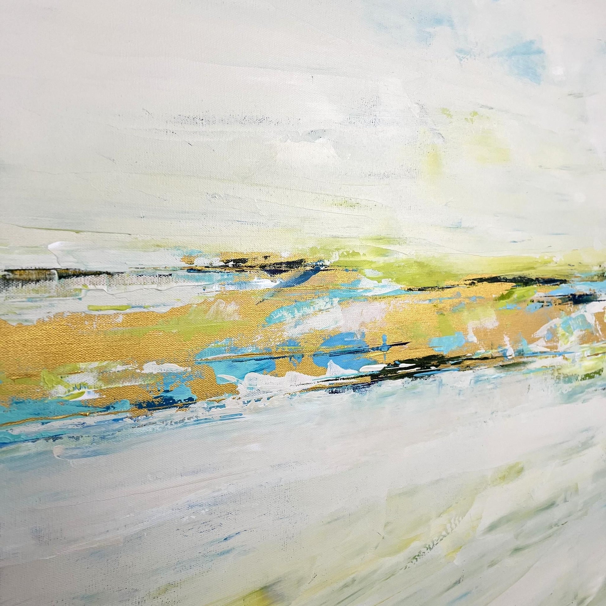 Layered abstract with blue, green tones and wave-like motion, reflecting the interplay of rivers in Charlotte George’s style 