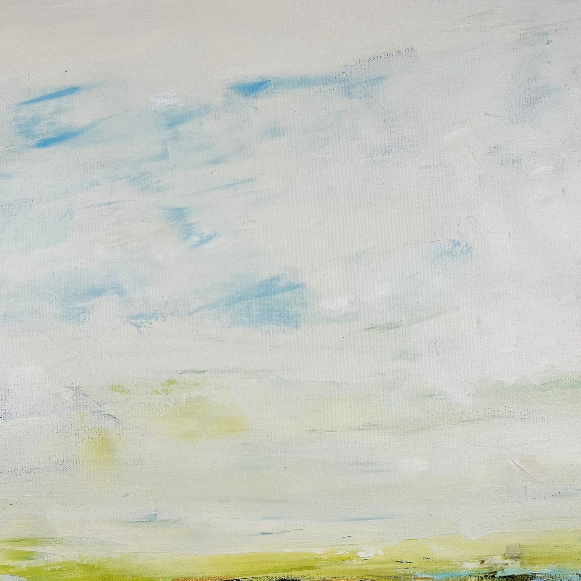 Layered abstract with blue, green tones and wave-like motion, reflecting the interplay of rivers in Charlotte George’s style 