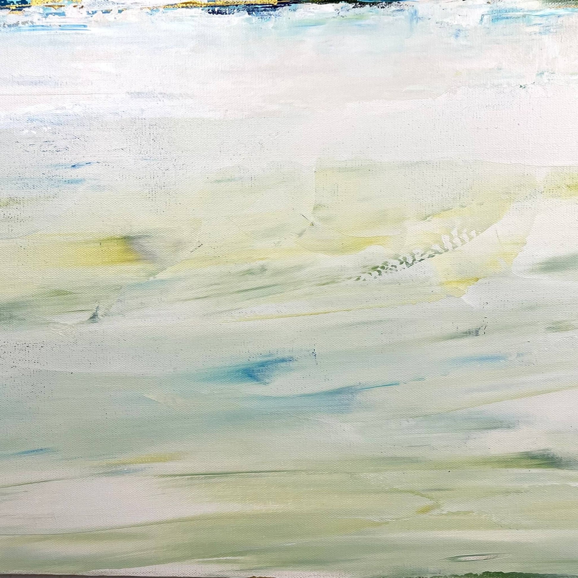 Layered abstract with blue, green tones and wave-like motion, reflecting the interplay of rivers in Charlotte George’s style 