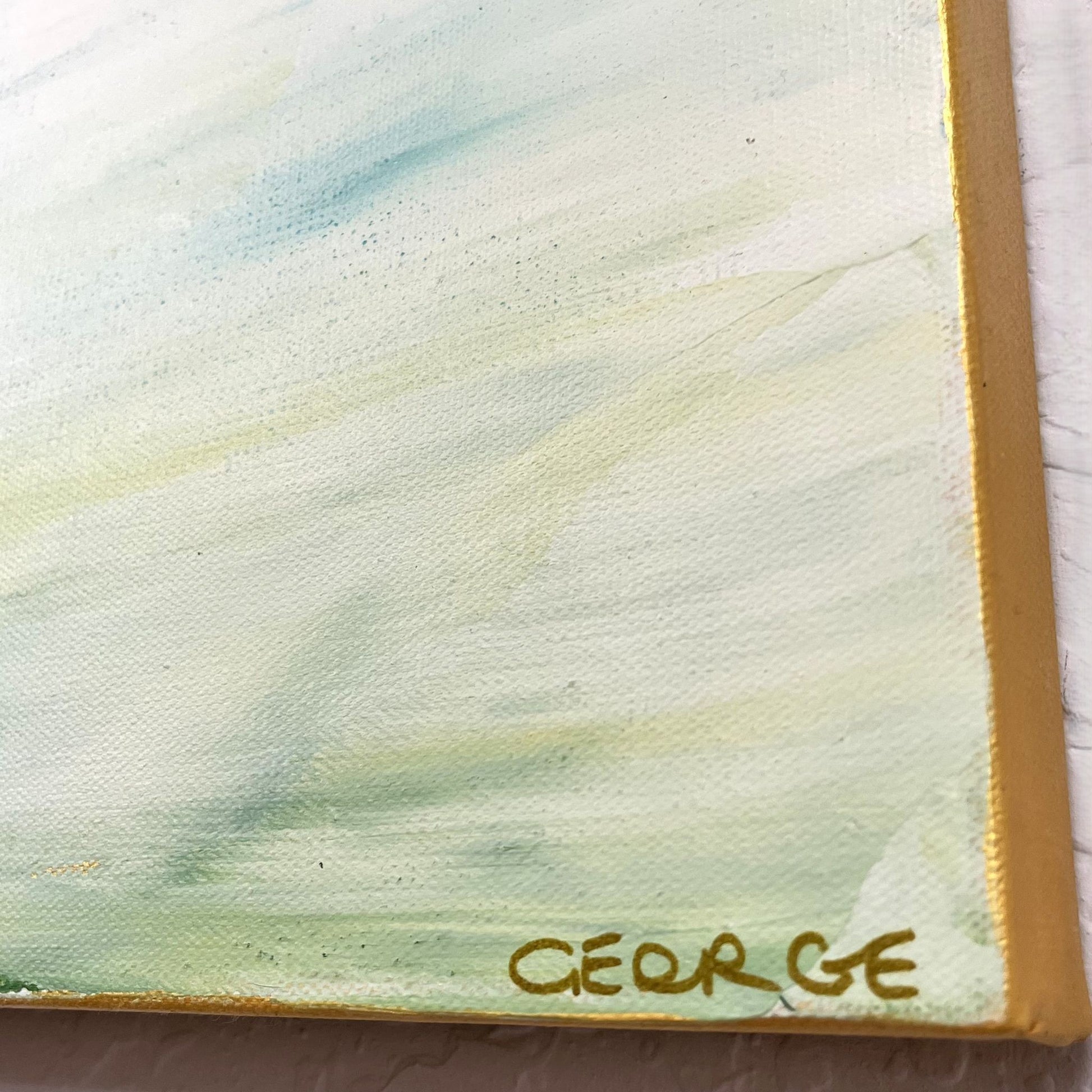 Layered abstract with blue, green tones and wave-like motion, reflecting the interplay of rivers in Charlotte George’s style 
