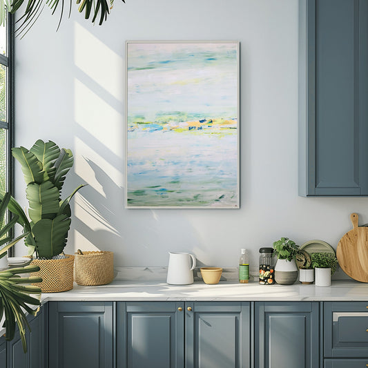 Abstract river landscape painting in soft blue and yellow tones by Charlotte George, titled River’s Return I, acrylic on canvas