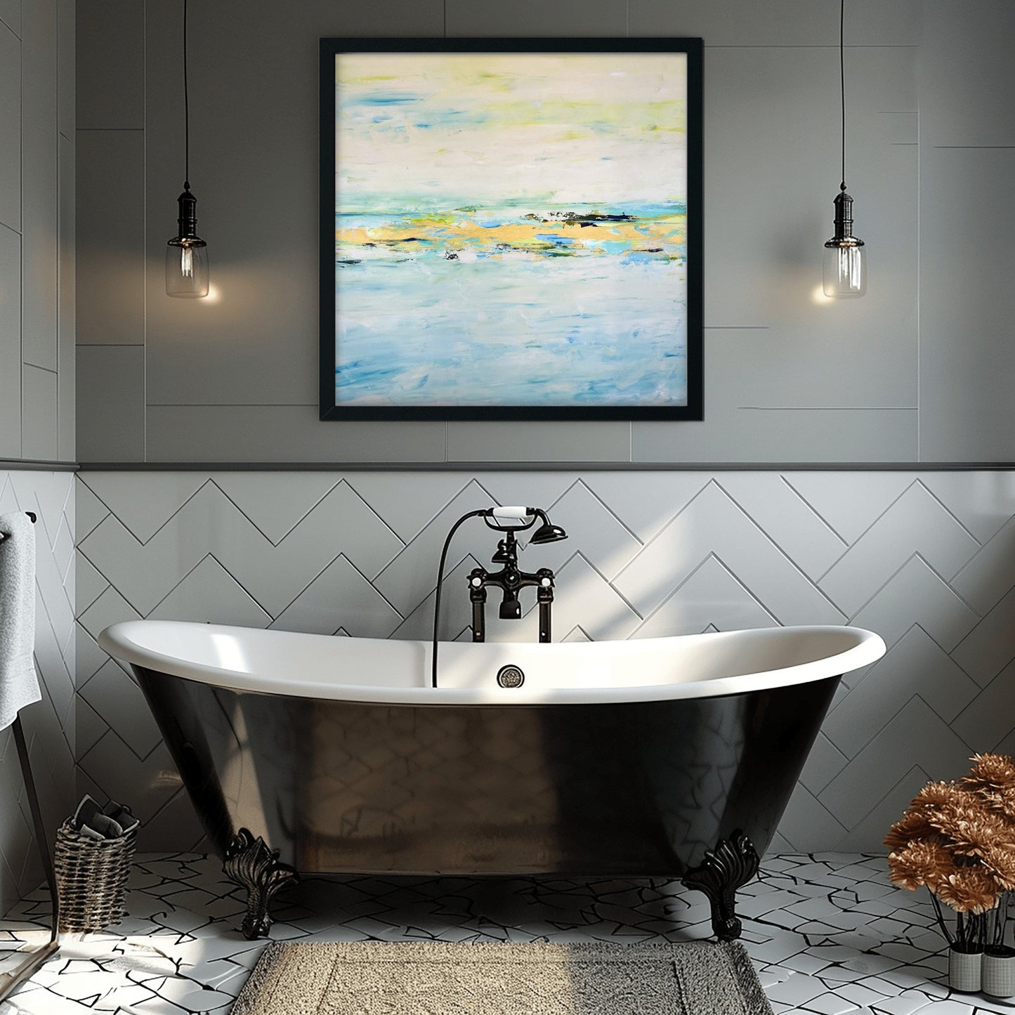 Abstract landscape painting with gold, blue, and turquoise tones by Charlotte George, River’s Return III acrylic on canvas artwork