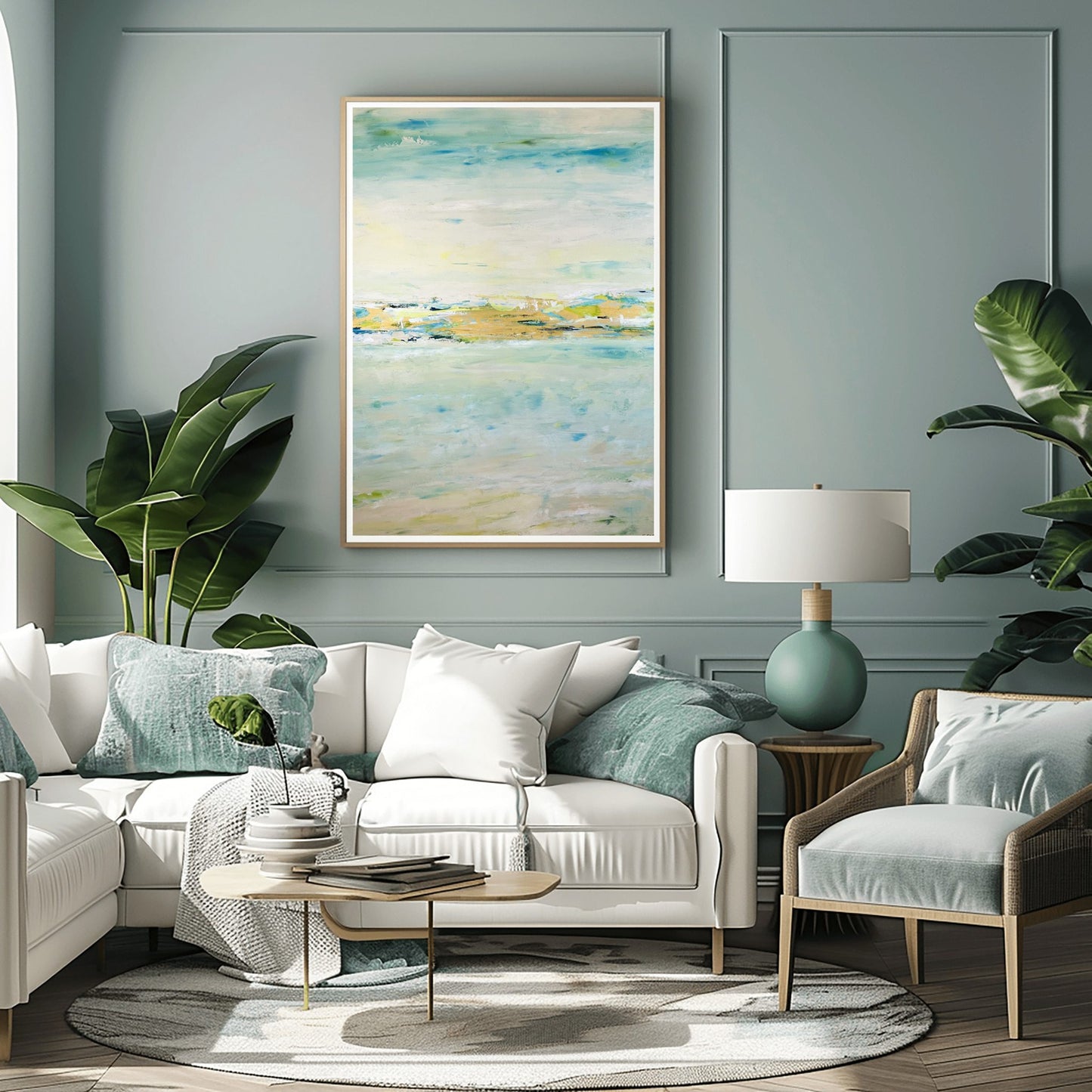 Calm abstract landscape in natural hues of green, beige, and slate blue by Charlotte George, evoking the movement of water and land