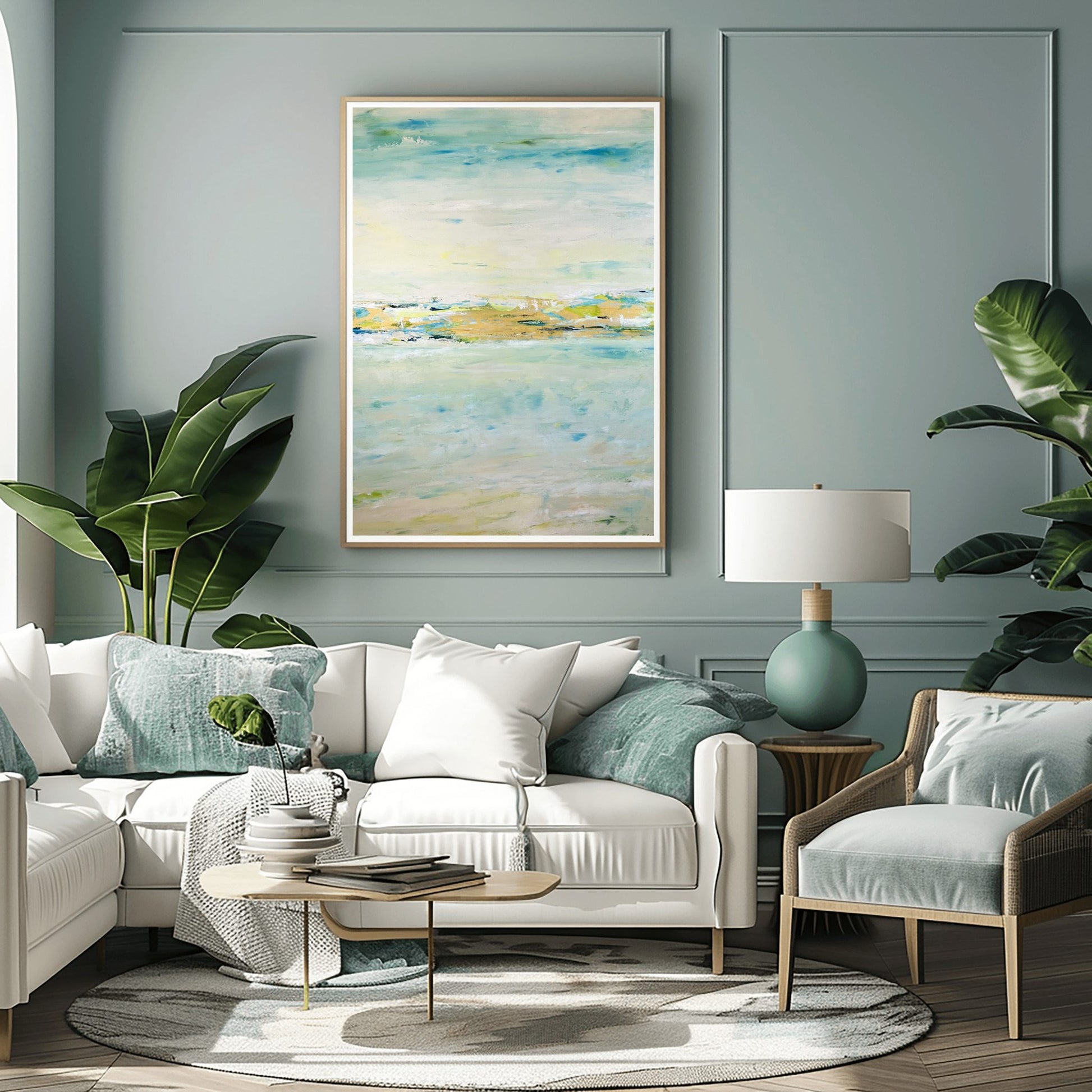 Calm abstract landscape in natural hues of green, beige, and slate blue by Charlotte George, evoking the movement of water and land
