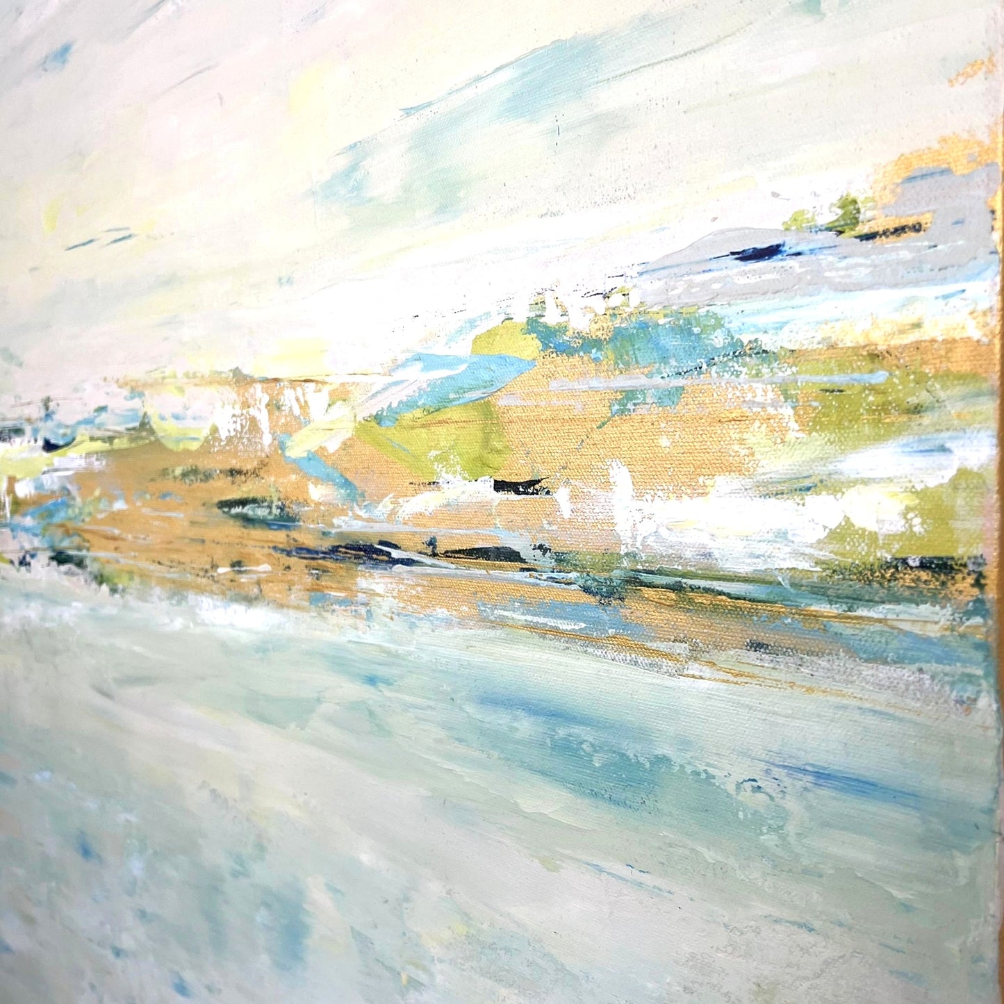 Calm abstract landscape in natural hues of green, beige, and slate blue by Charlotte George, evoking the movement of water and land