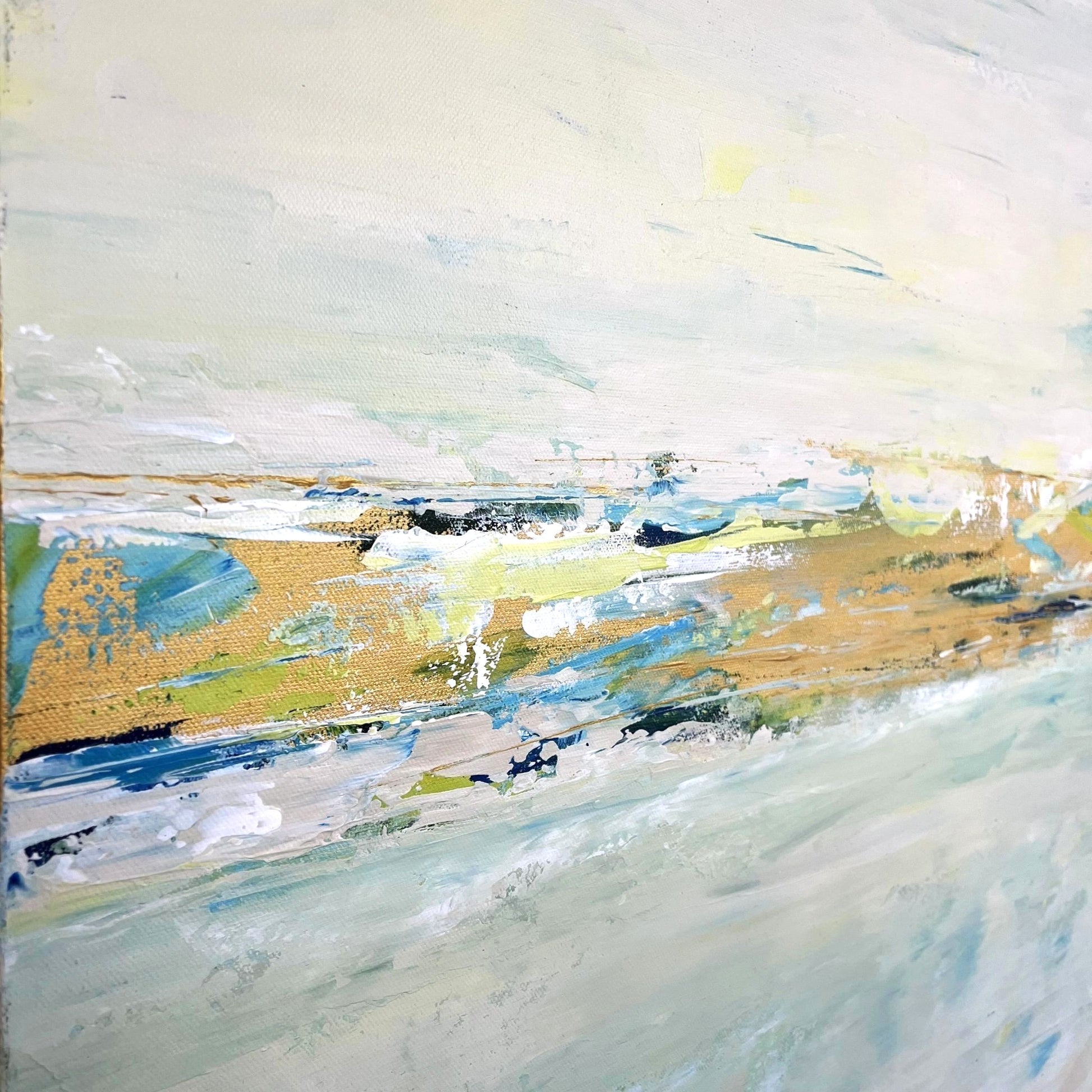 Calm abstract landscape in natural hues of green, beige, and slate blue by Charlotte George, evoking the movement of water and land