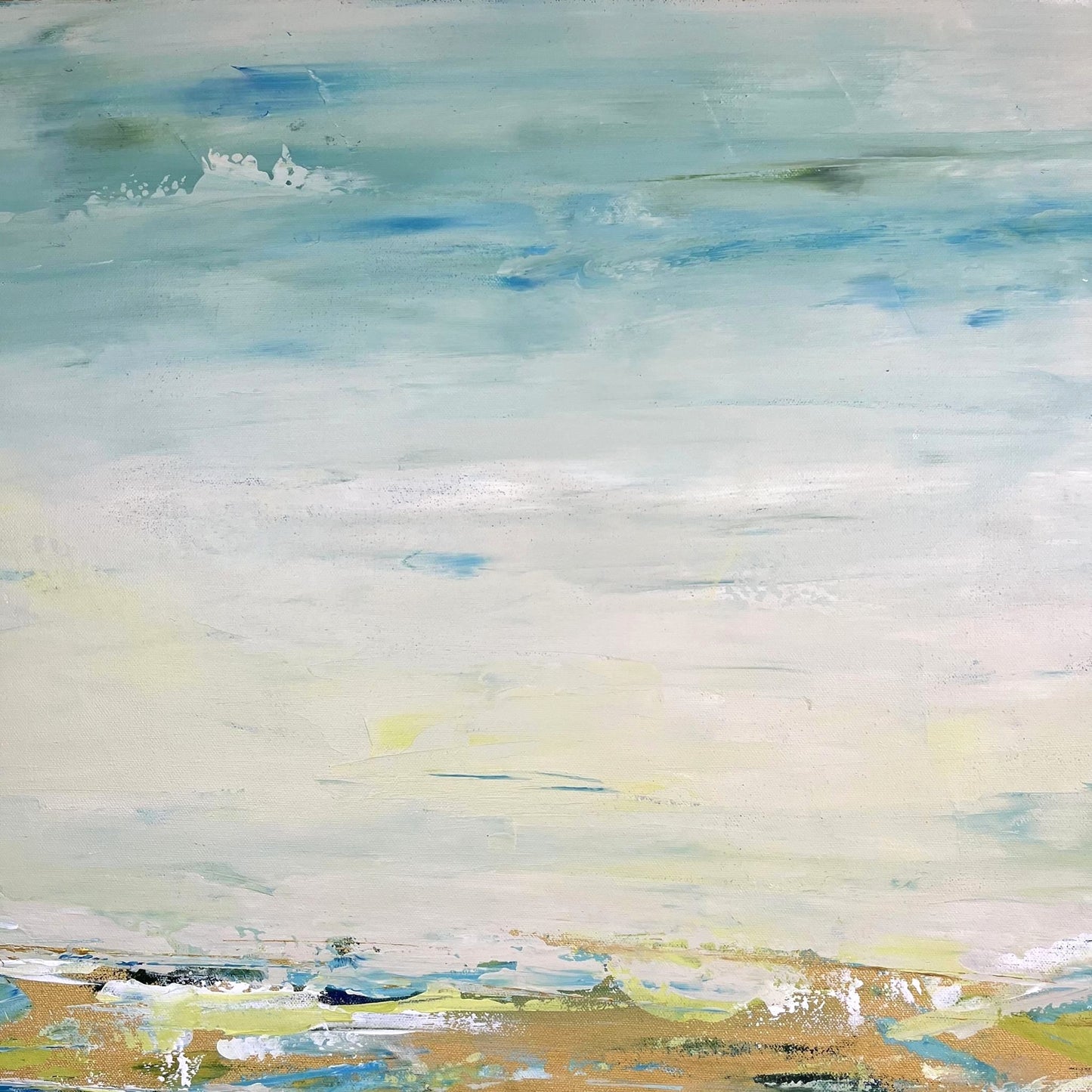 Calm abstract landscape in natural hues of green, beige, and slate blue by Charlotte George, evoking the movement of water and land