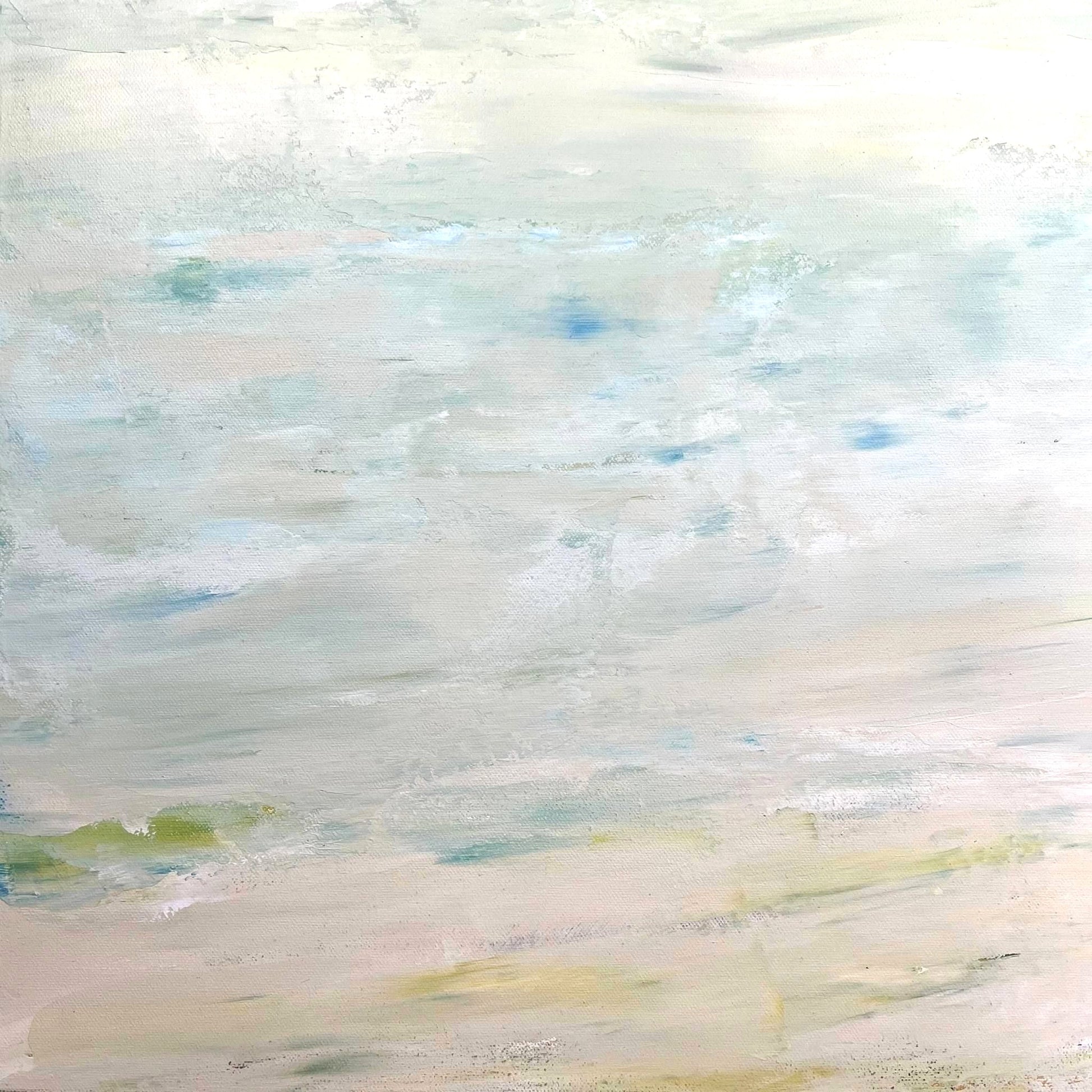 Calm abstract landscape in natural hues of green, beige, and slate blue by Charlotte George, evoking the movement of water and land