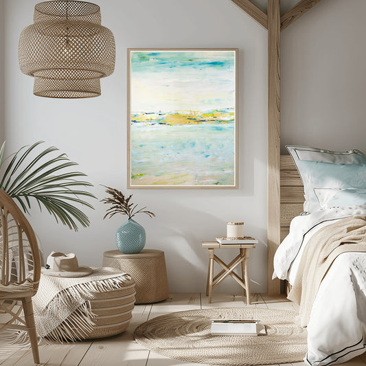 River’s Return II by Charlotte George, an abstract painting in gold, sage, and soft blue with a tranquil, horizon-like river flow