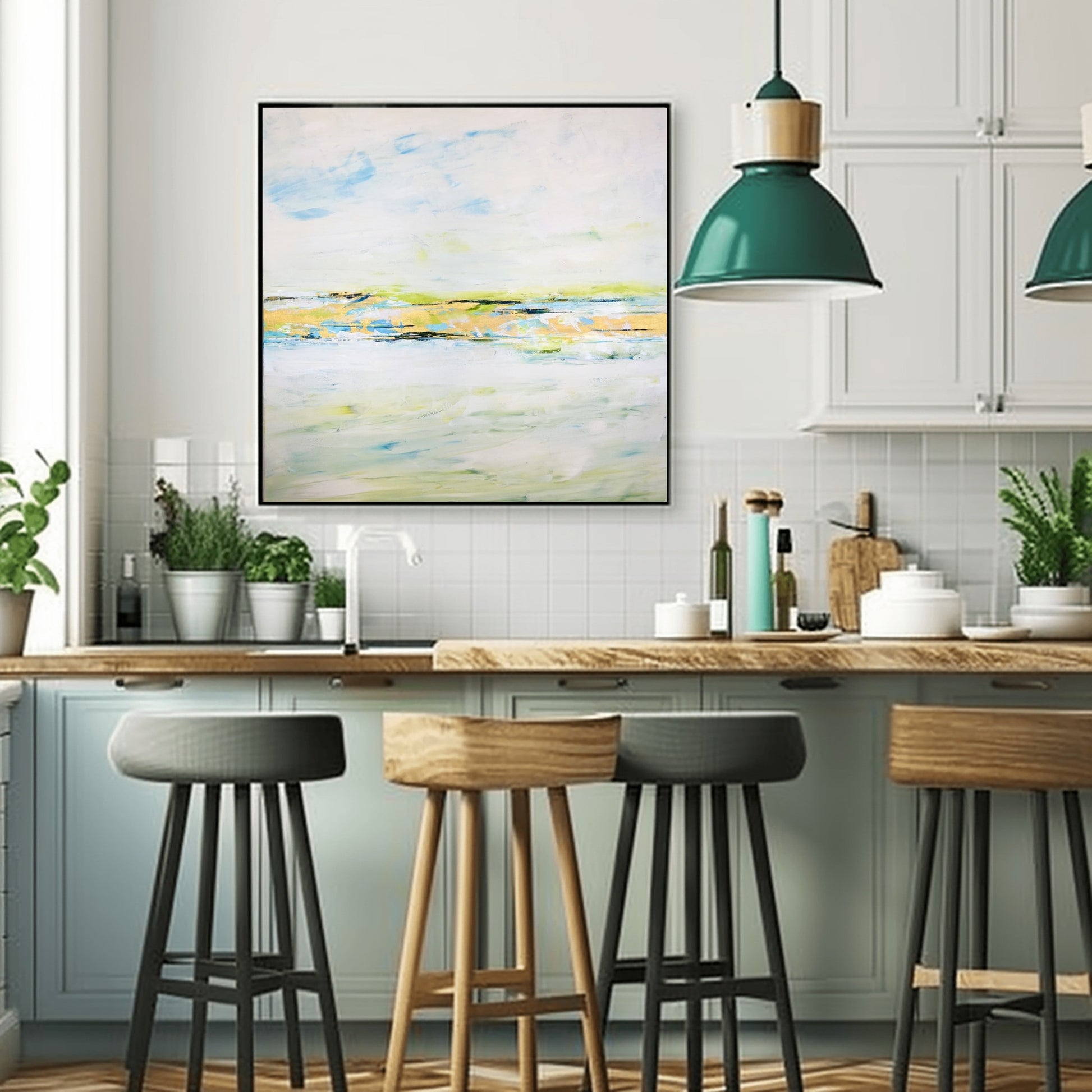 River’s Return IV, an abstract river artwork by Charlotte George in layered green, blue, and soft light hues with a serene atmosphere