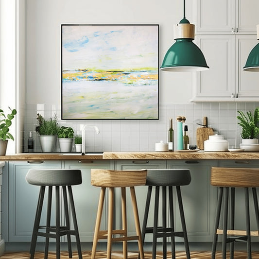 River’s Return IV, an abstract river artwork by Charlotte George in layered green, blue, and soft light hues with a serene atmosphere