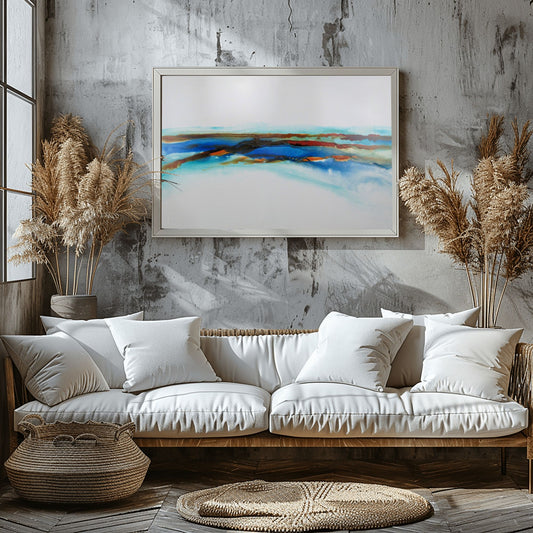 Abstract coastal ink painting with horizontal bands of teal, amber, and ultramarine suggesting a distant shoreline