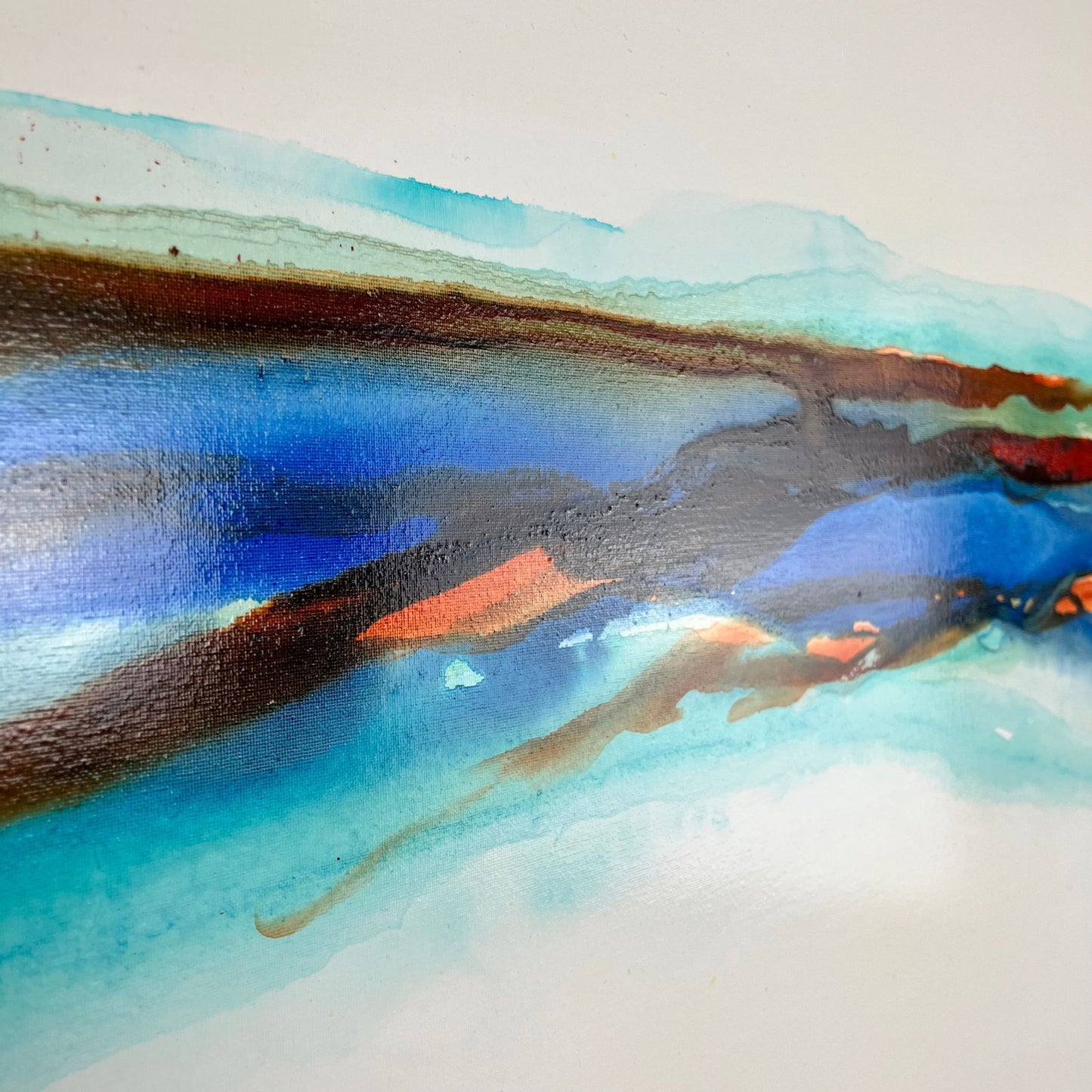 Abstract coastal ink painting with horizontal bands of teal, amber, and ultramarine suggesting a distant shoreline