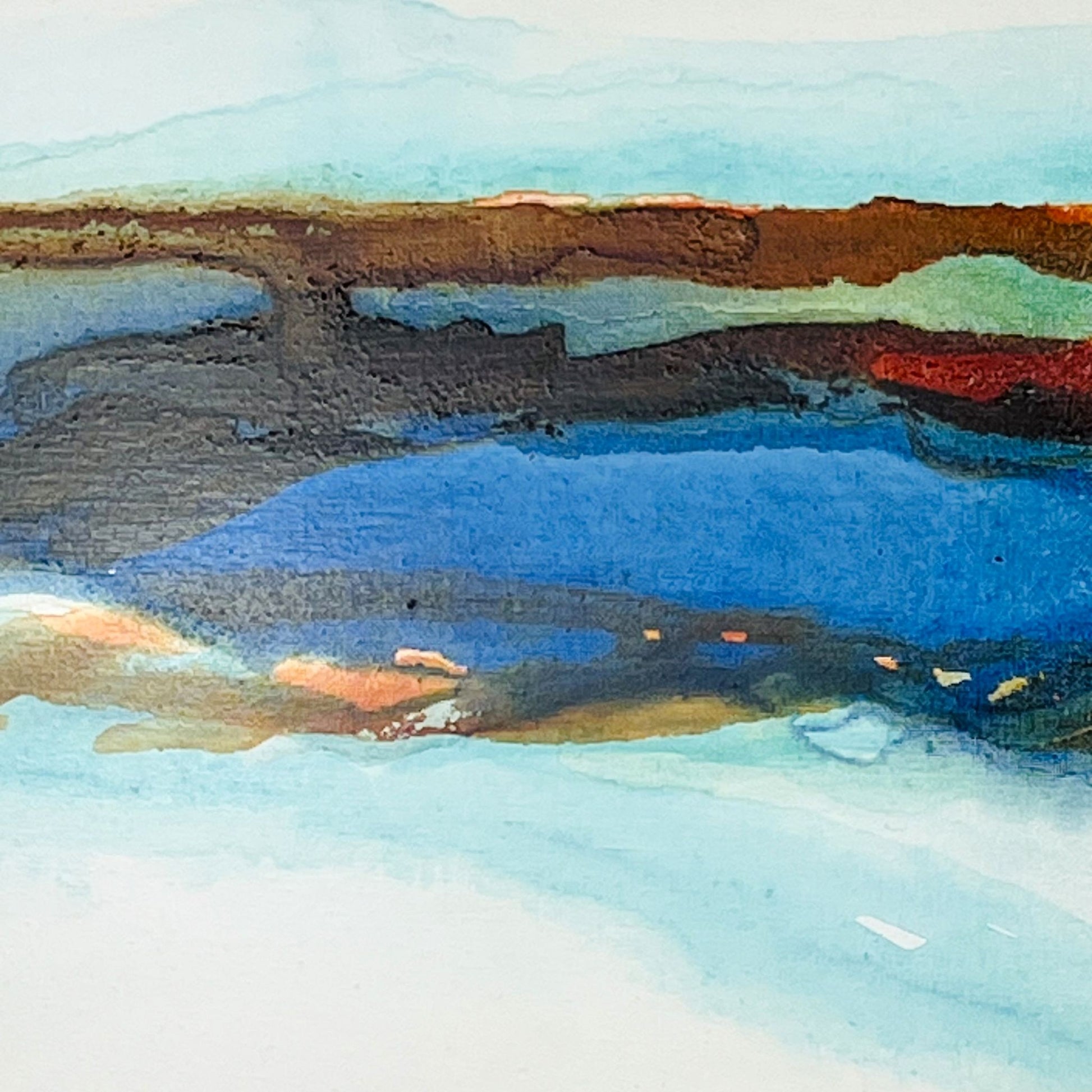 Abstract coastal ink painting with horizontal bands of teal, amber, and ultramarine suggesting a distant shoreline
