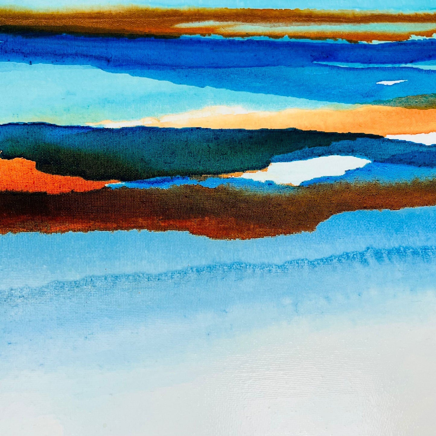 Abstract coastal ink painting with horizontal bands of teal, amber, and ultramarine suggesting a distant shoreline