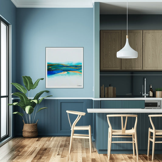 Shallow Waters II abstract ocean print by Charlotte George featuring fluid blue gradients and soft earth tones