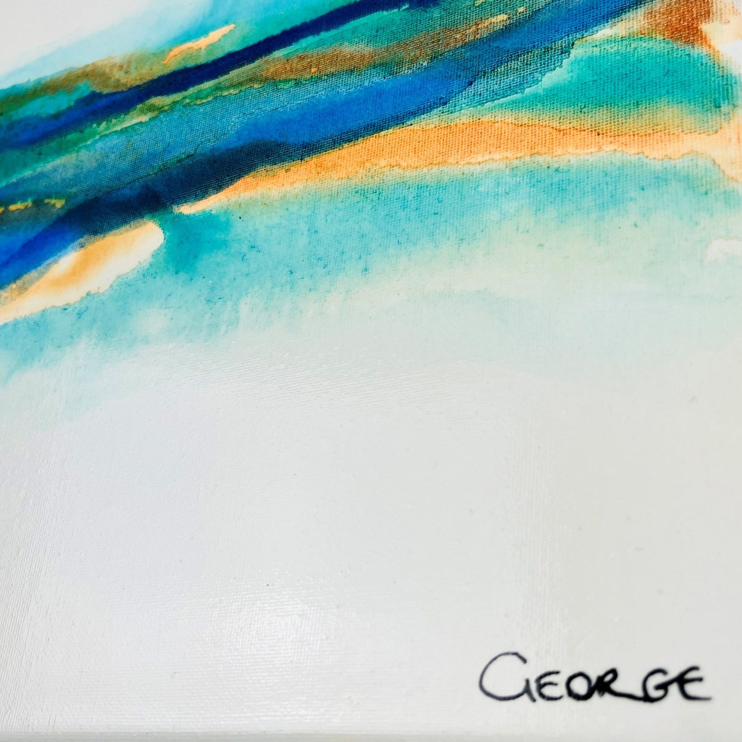 Abstract painting with soft layers of turquoise, brown, and blue ink flowing across a light canvas
