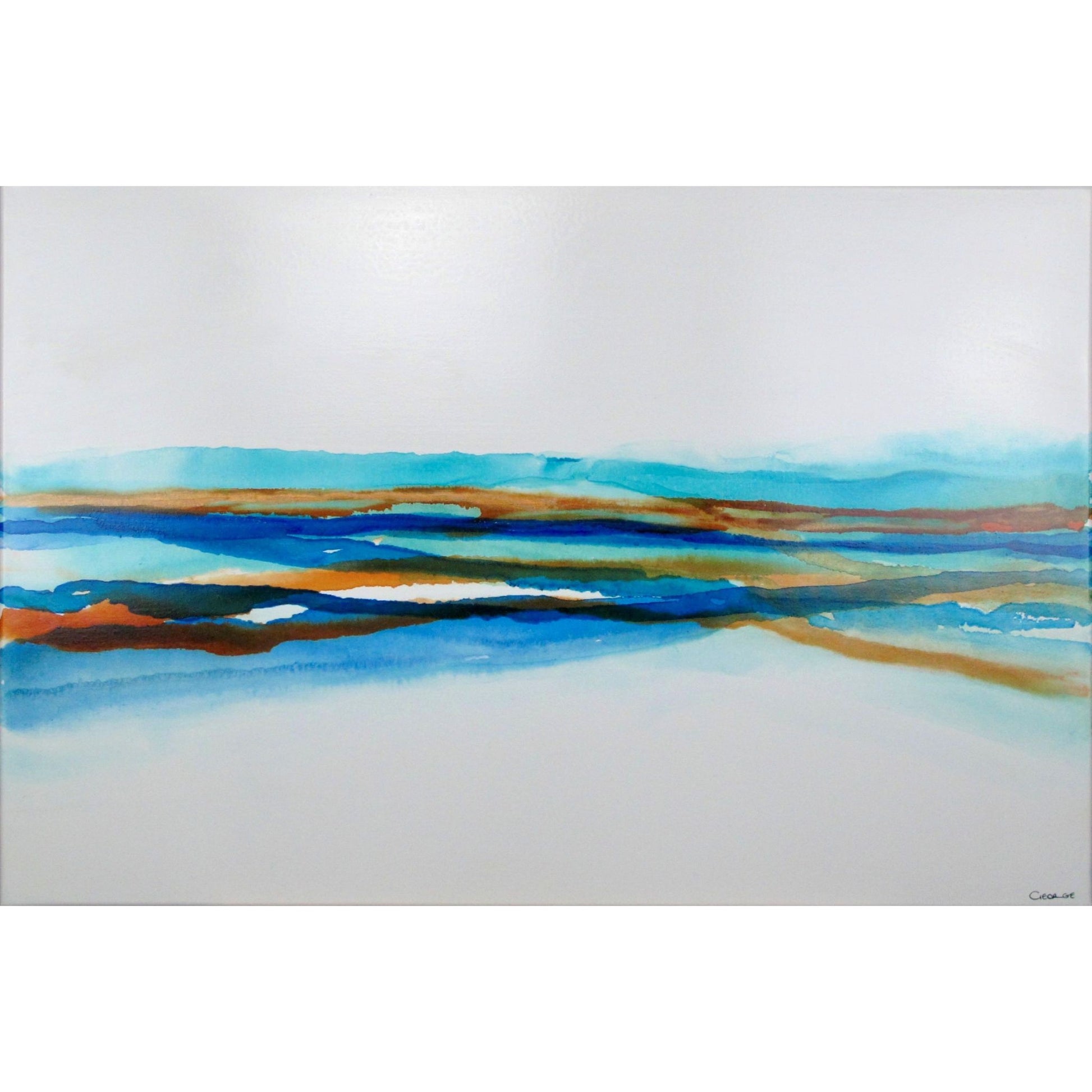 Contemporary abstract painting with layered blue, green, and warm tones forming a coastal-inspired ink landscape