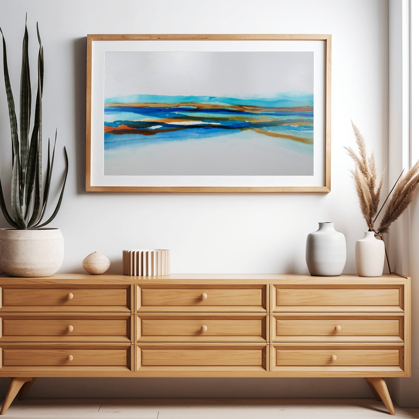 Shallow Waters IV abstract print with layered blue tones and subtle amber by Charlotte George