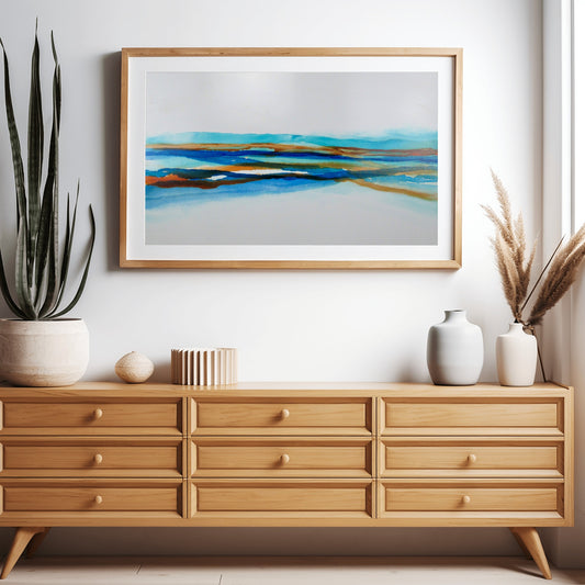 Shallow Waters IV abstract print with layered blue tones and subtle amber by Charlotte George
