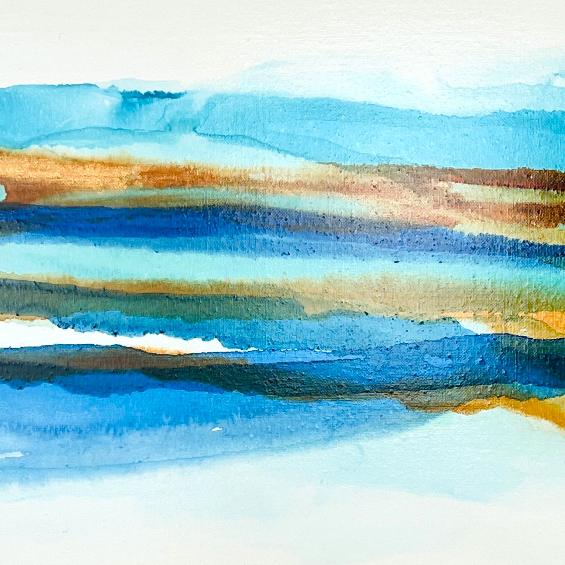 Contemporary abstract painting with layered blue, green, and warm tones forming a coastal-inspired ink landscape