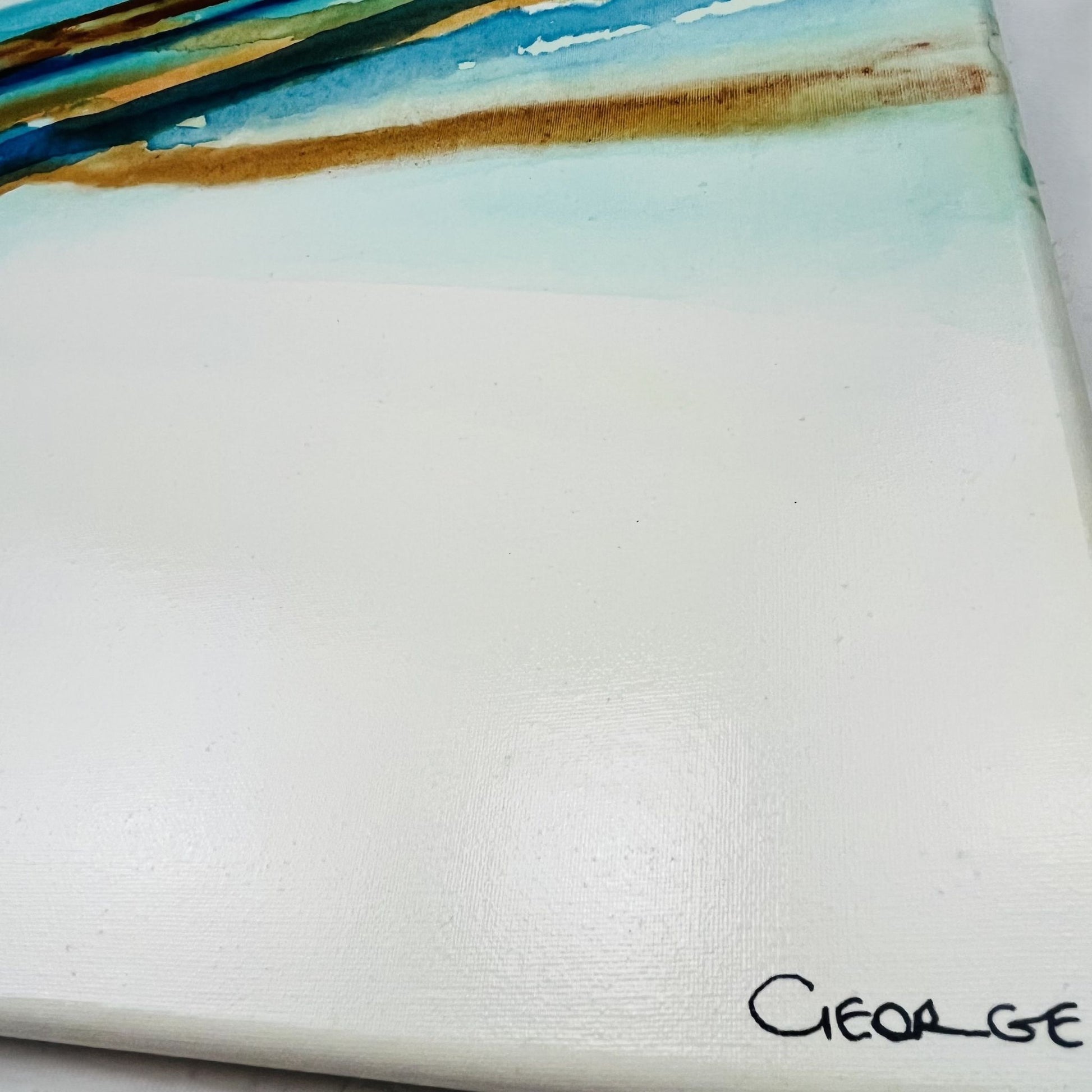 Contemporary abstract painting with layered blue, green, and warm tones forming a coastal-inspired ink landscape