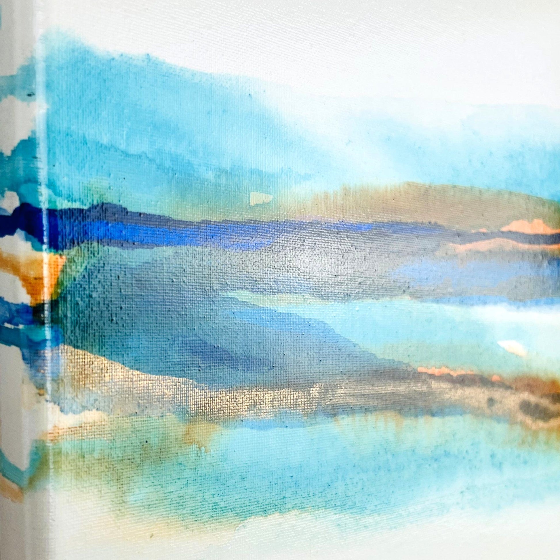 Abstract acrylic ink painting with flowing turquoise, brown, and blue tones evoking shallow water reflections