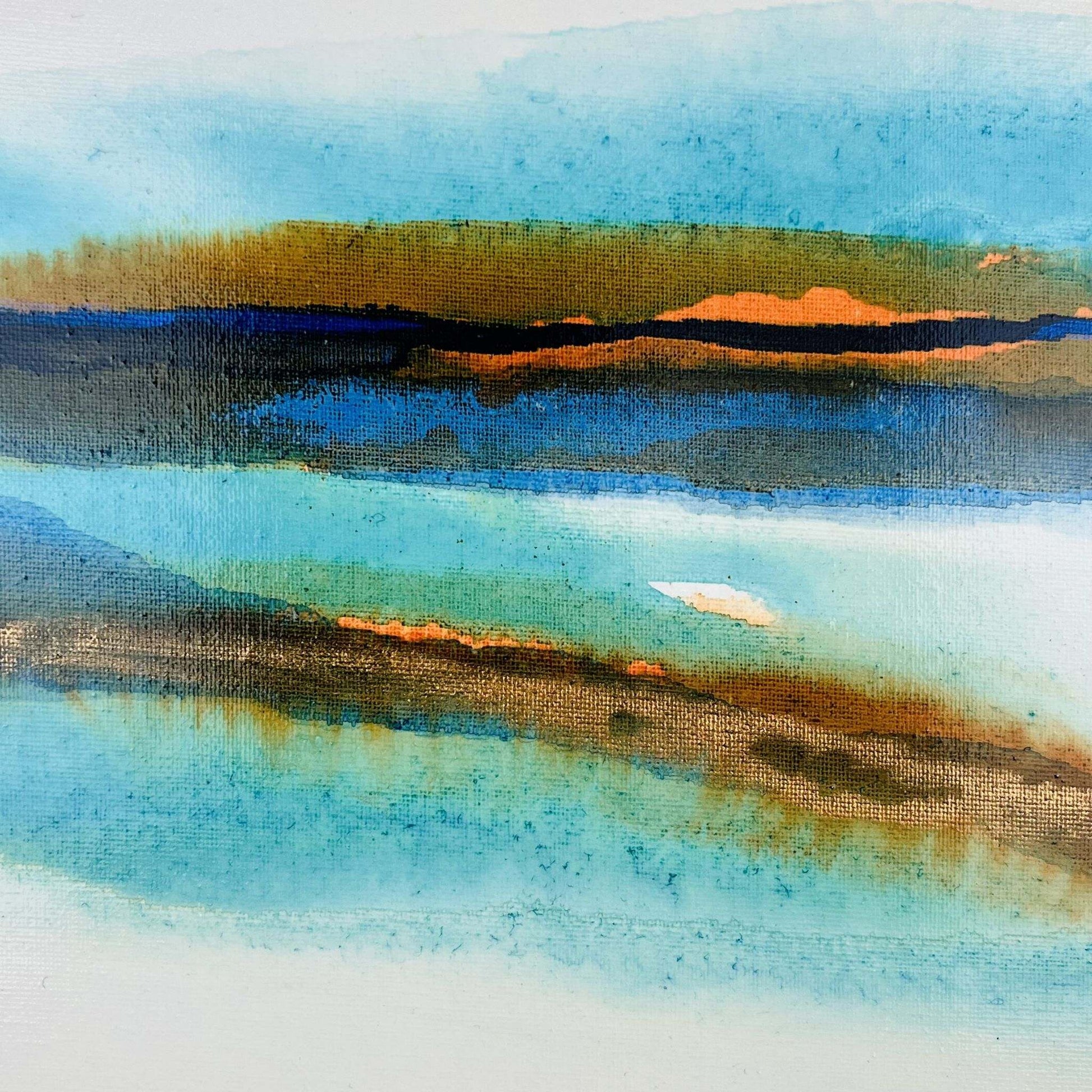 Abstract acrylic ink painting with flowing turquoise, brown, and blue tones evoking shallow water reflections