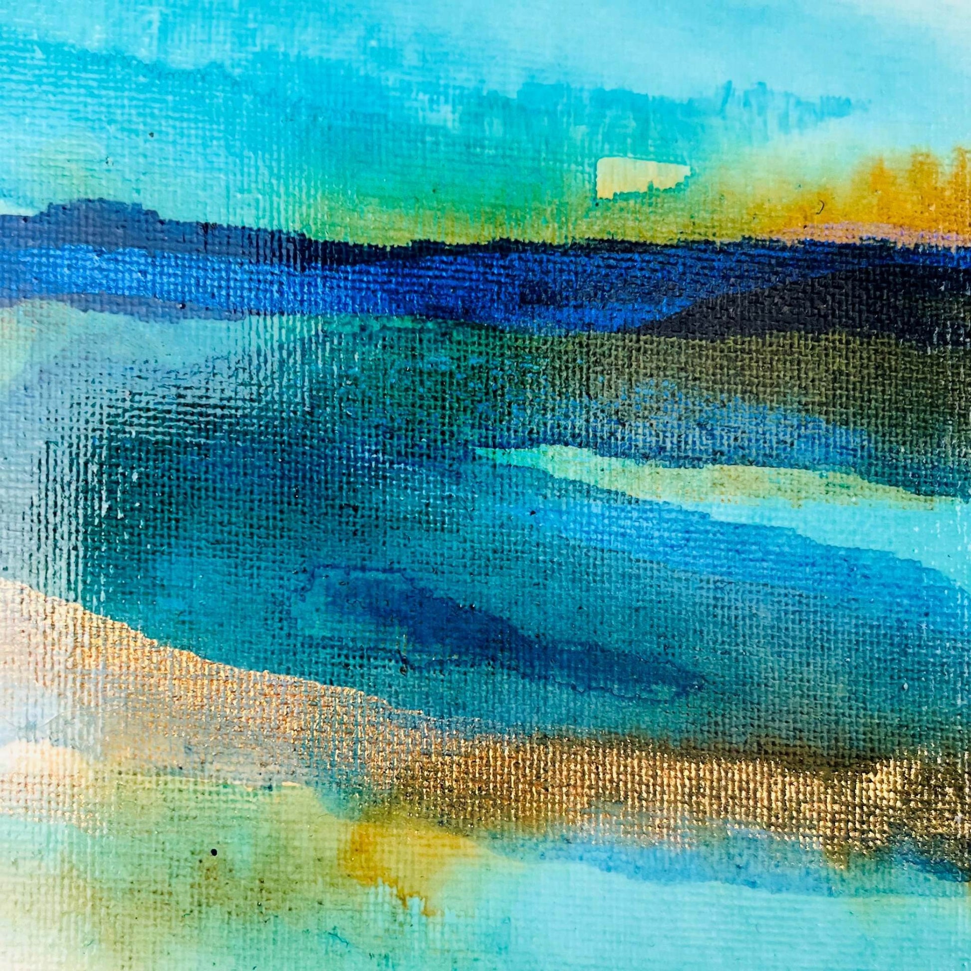 Abstract acrylic ink painting with flowing turquoise, brown, and blue tones evoking shallow water reflections